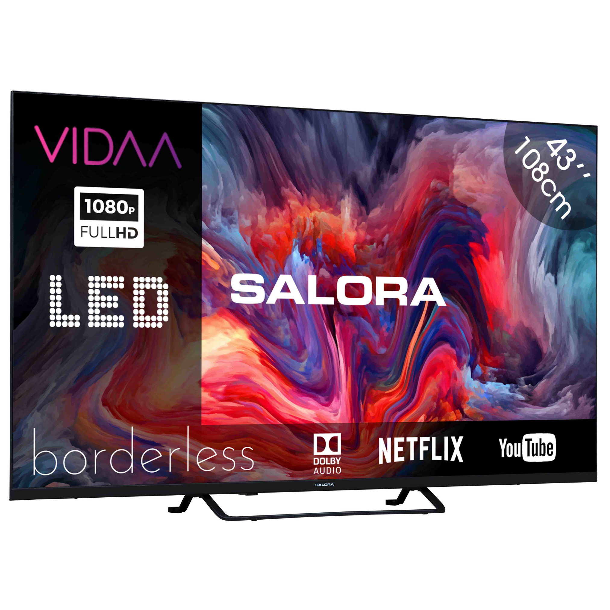 43" Salora LED tv zonder randen met tekst en logo's.