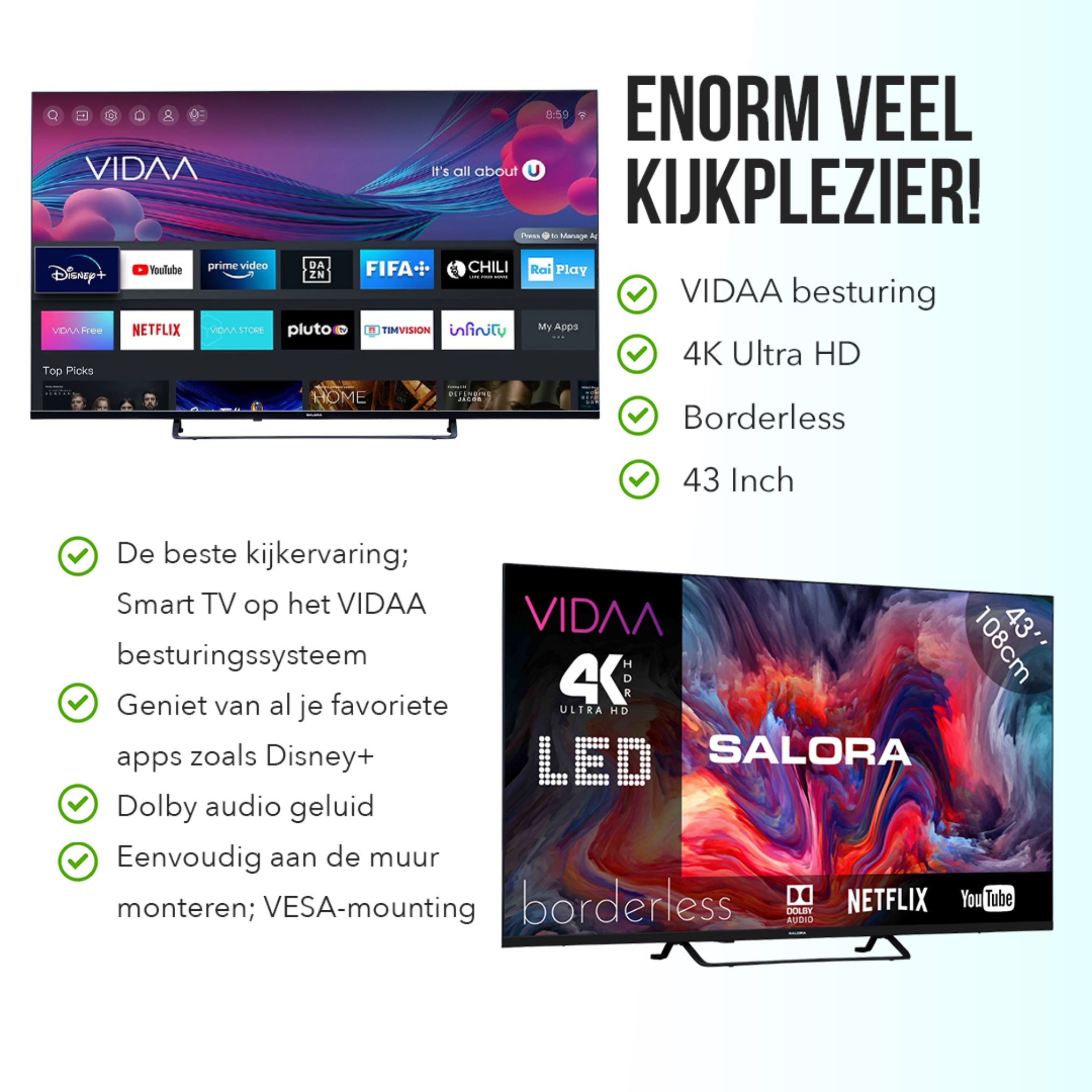 Tv-scherm met apps, met tekst over functies. Twee tv's worden getoond.