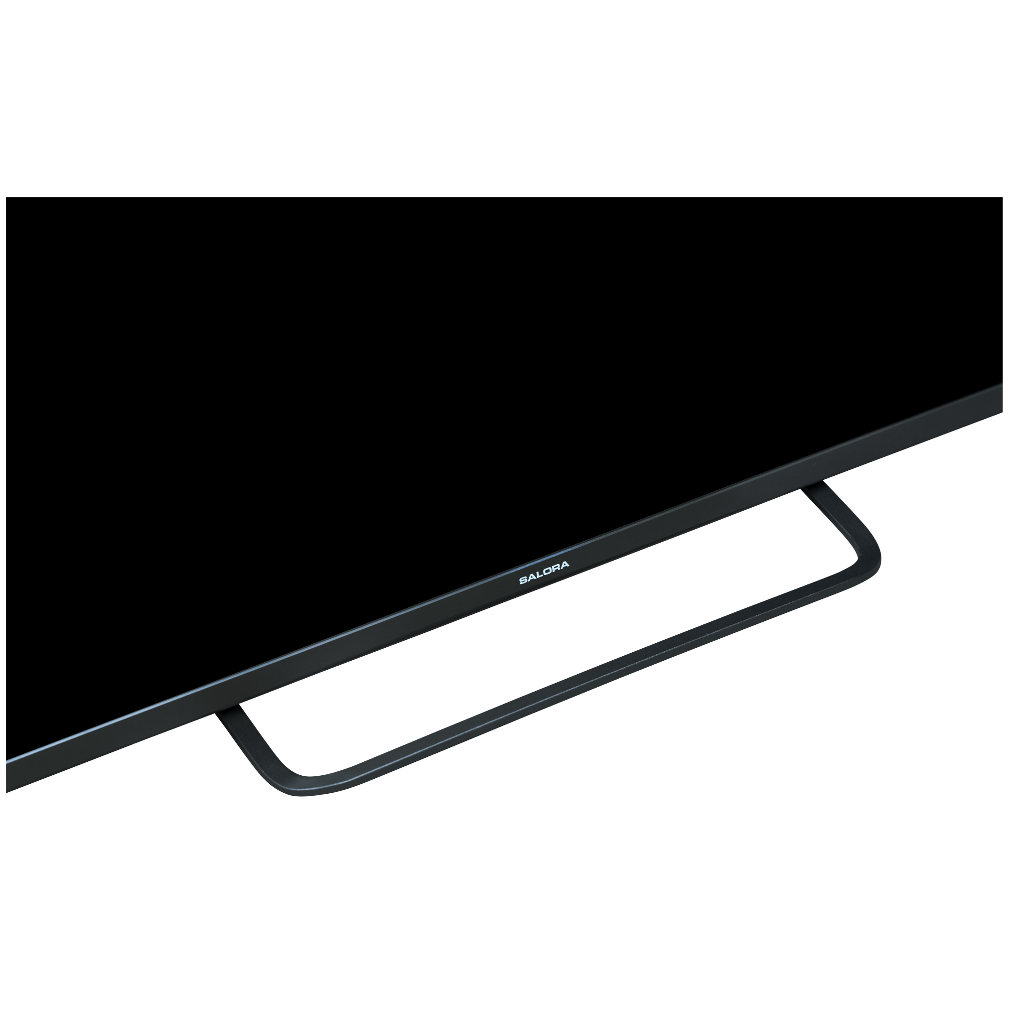 Zwart tv-scherm met een zwart frame en een zilveren balk eronder.