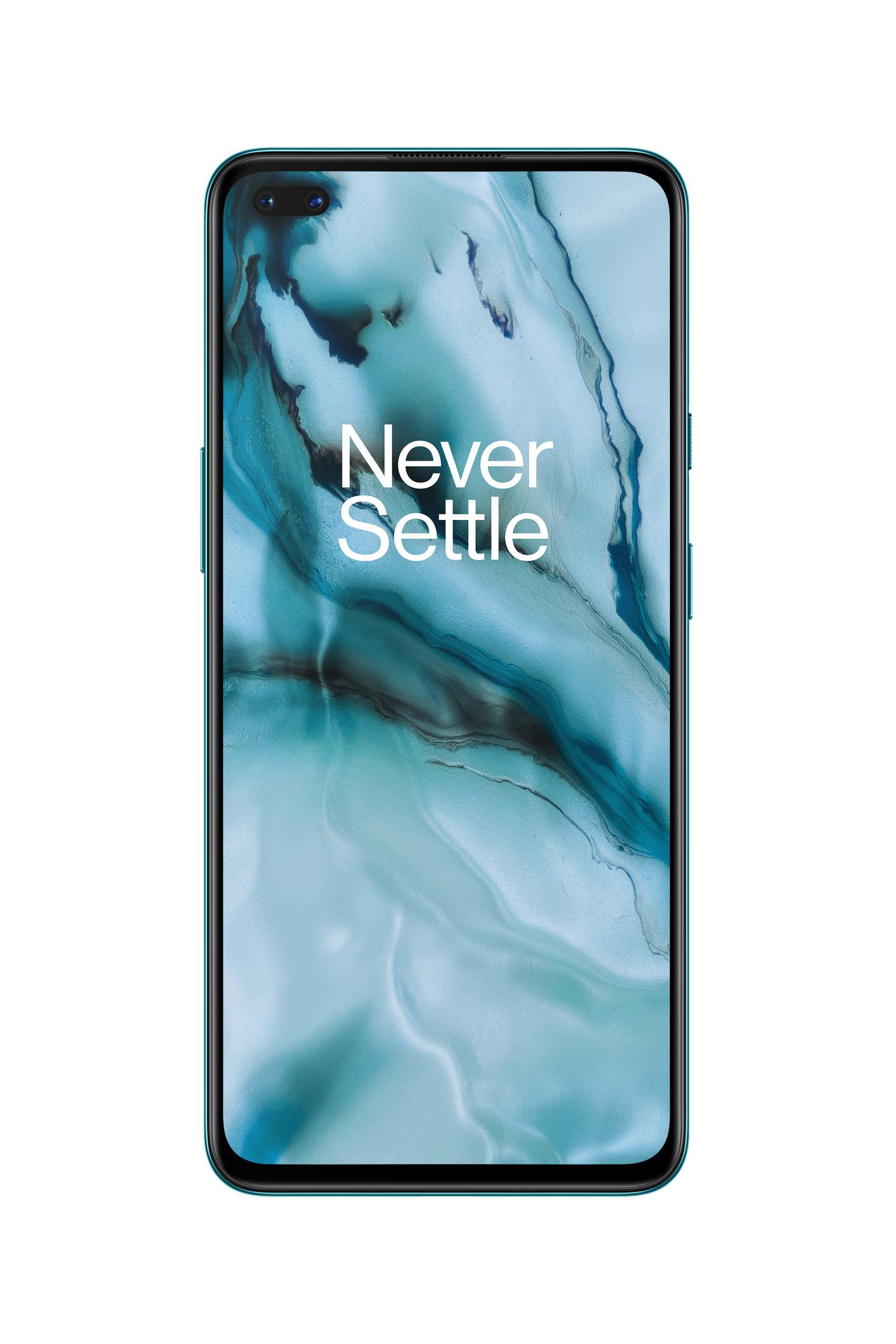 OnePlus-Telefon mit "Never Settle"-Text auf dem Bildschirm. Das Telefon hat einen blauen Rahmen.