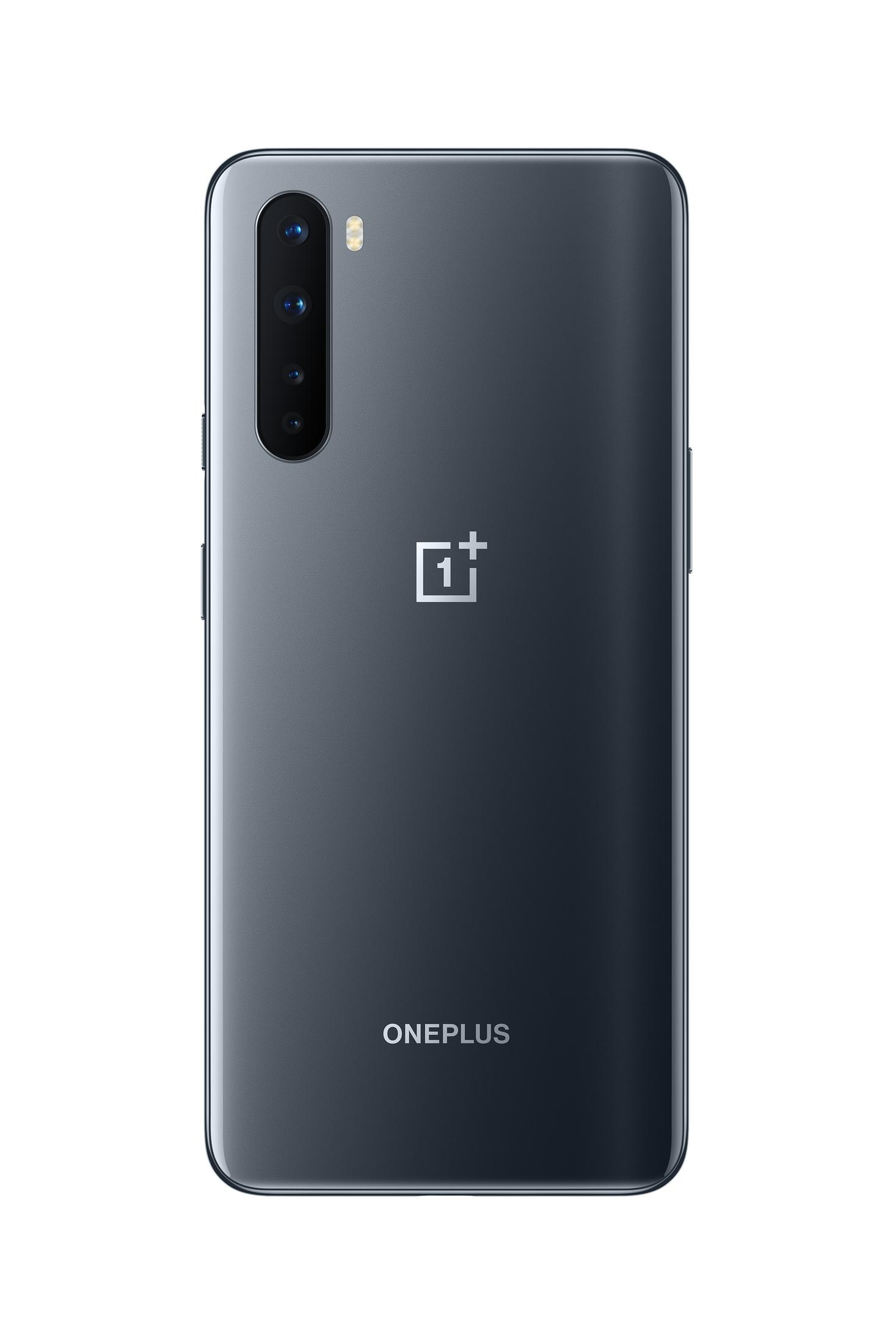 Tył ciemnoszarego telefonu OnePlus z logo OnePlus.