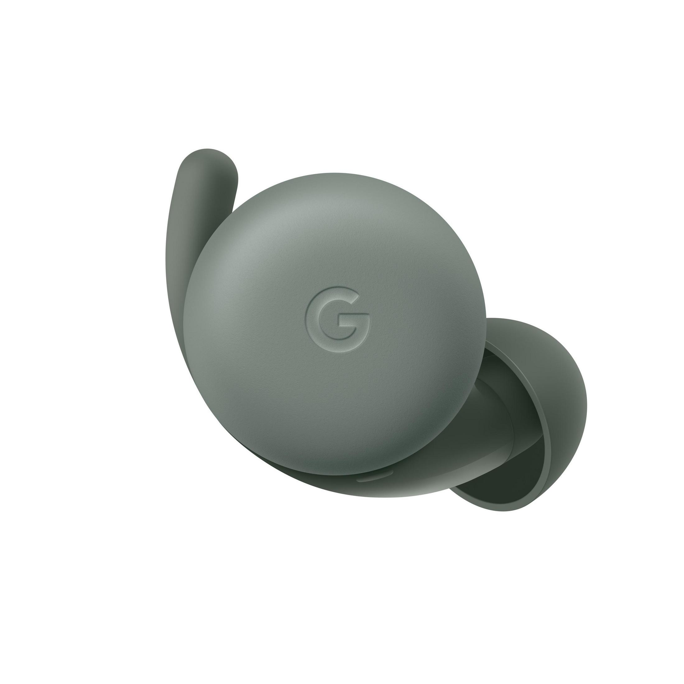 Para oliwkowych słuchawek Google Pixel Buds. Słuchawki mają zaokrąglony kształt z widocznym logo 'G'.