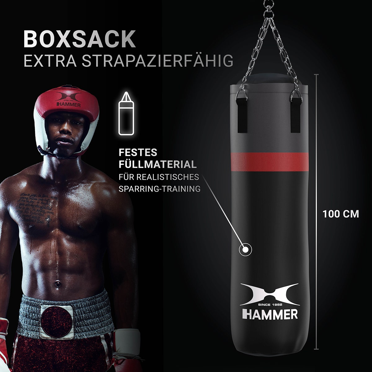 Ein Boxer mit Kopfschutz und Handschuhen neben einem schwarzen Boxsack mit Text über das Training.