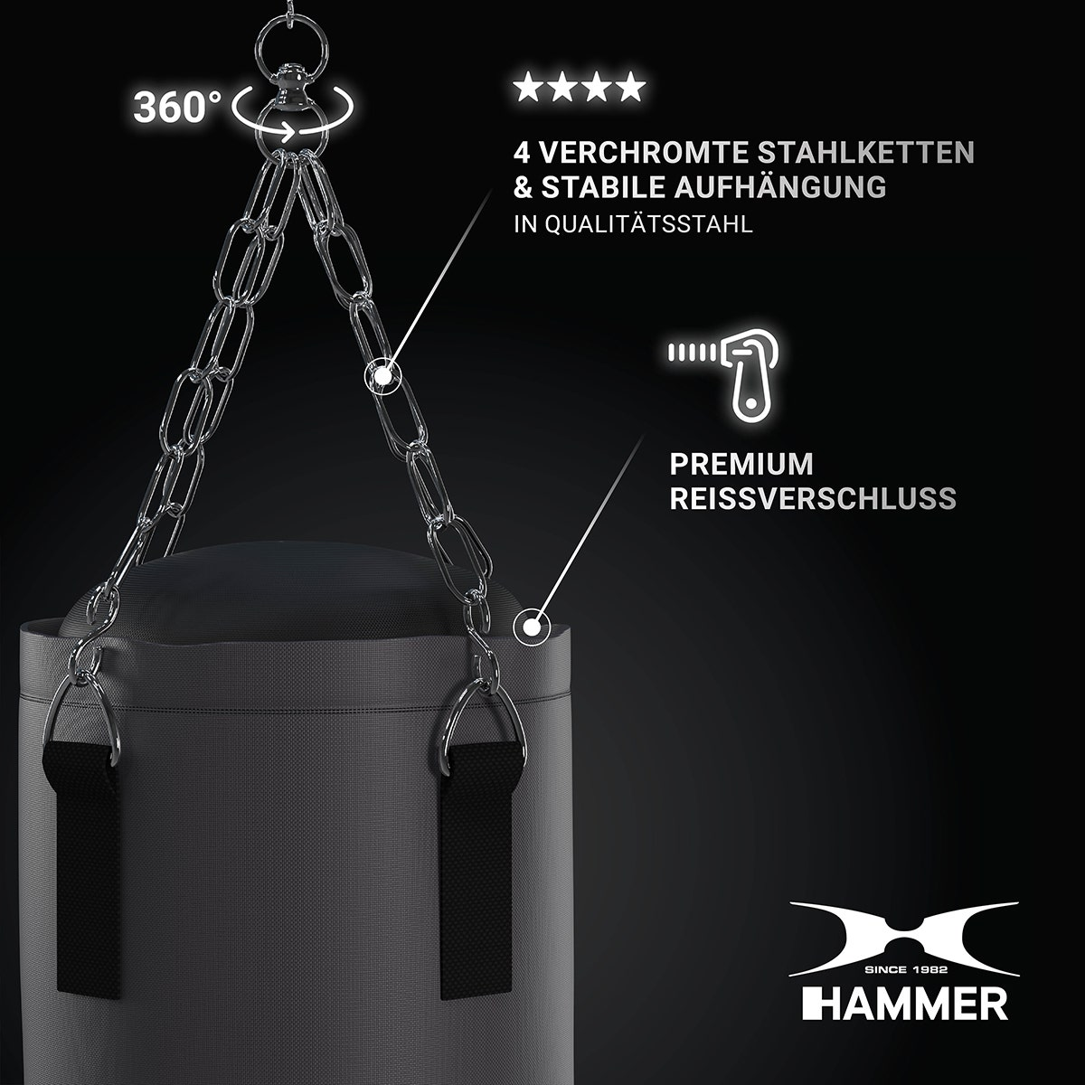 Ein schwarzer Boxsack mit Ketten. Text: '4 VERCHROMTE STAHLKETTEN' und 'HAMMER'.