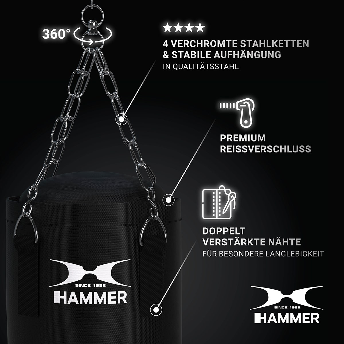 Sac de frappe noir avec chaînes argentées et texte sur fermeture éclair premium, coutures solides et qualité.