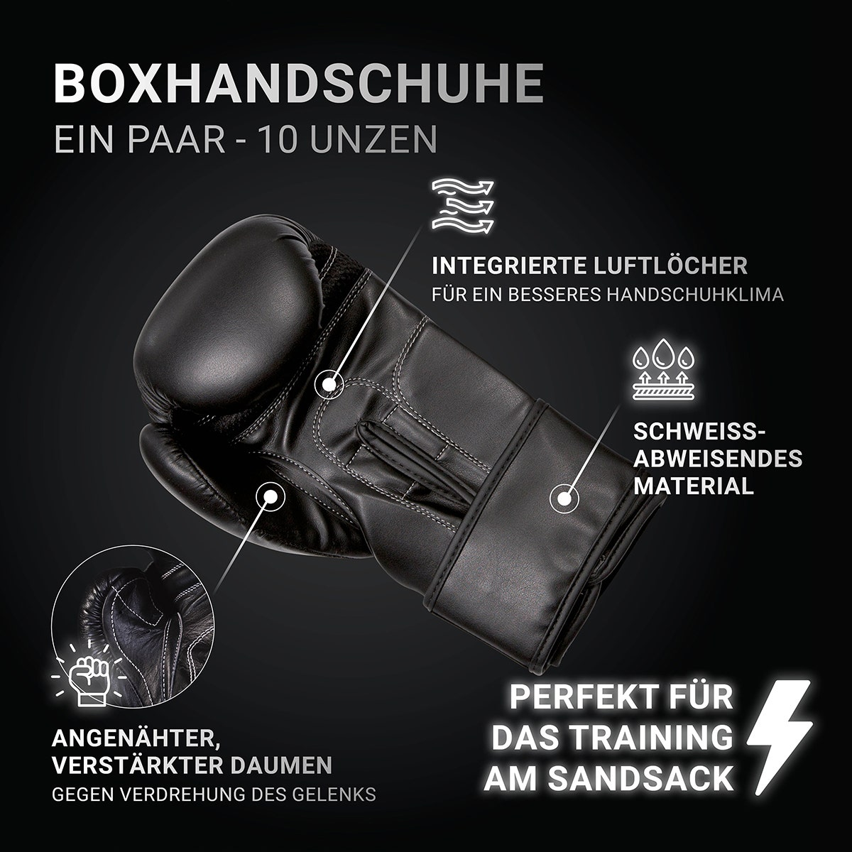 Gant de boxe noir avec coutures blanches. Le texte sur le gant est écrit en allemand.