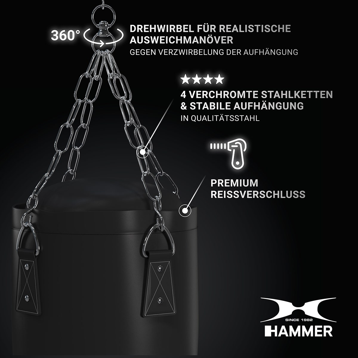 Schwarzer Boxsack mit silbernen Ketten. Text auf Deutsch. Der Hintergrund ist dunkel.