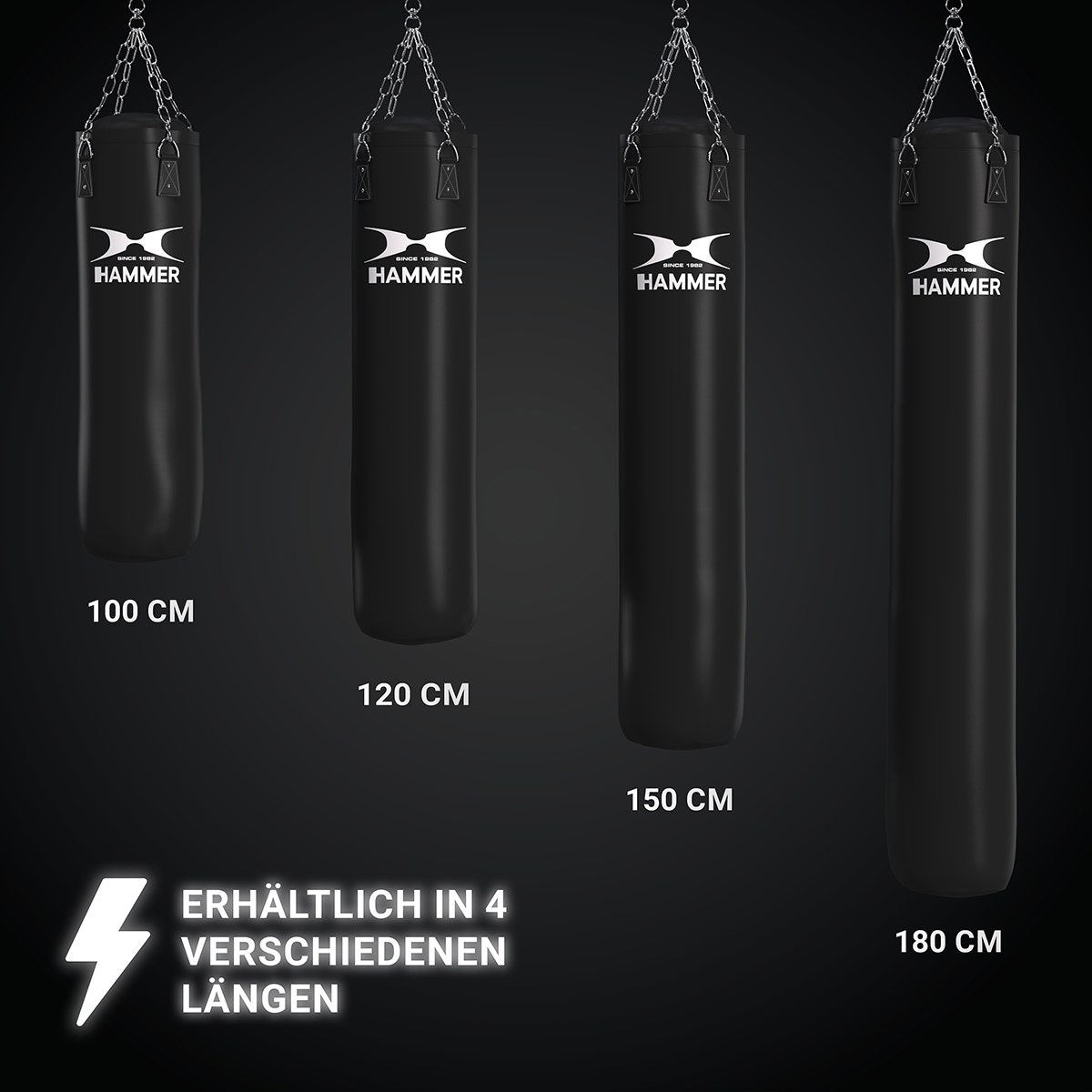 Schwarze Boxsäcke in verschiedenen Längen.
