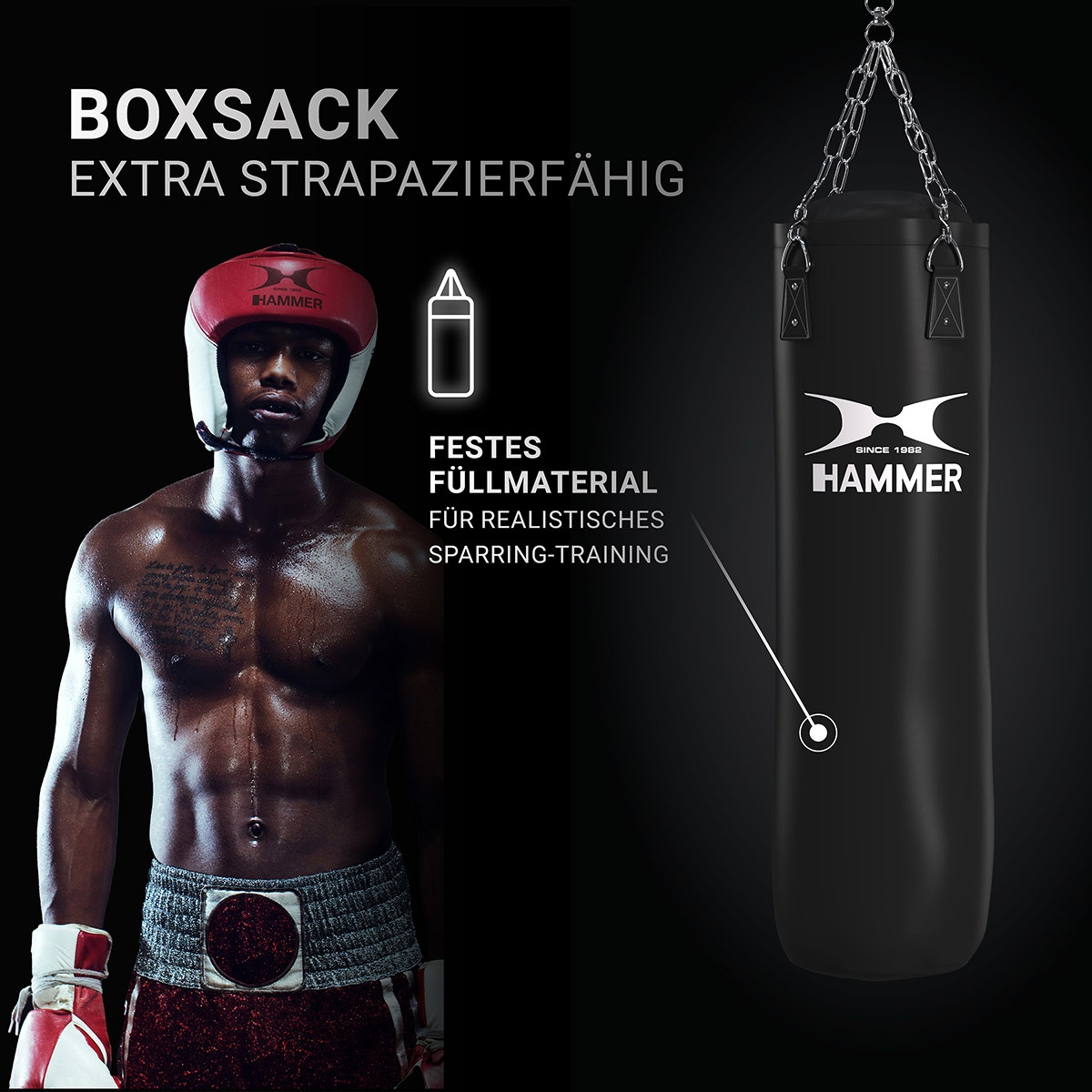 Boxer mit rotem Helm und Handschuhen mit schwarzem Boxsack. Deutsche Texte sind sichtbar.