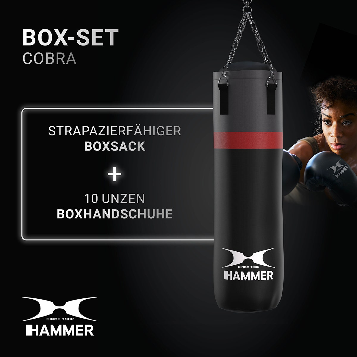 Ensemble de boxe avec sac de frappe noir, gants et femme boxant.