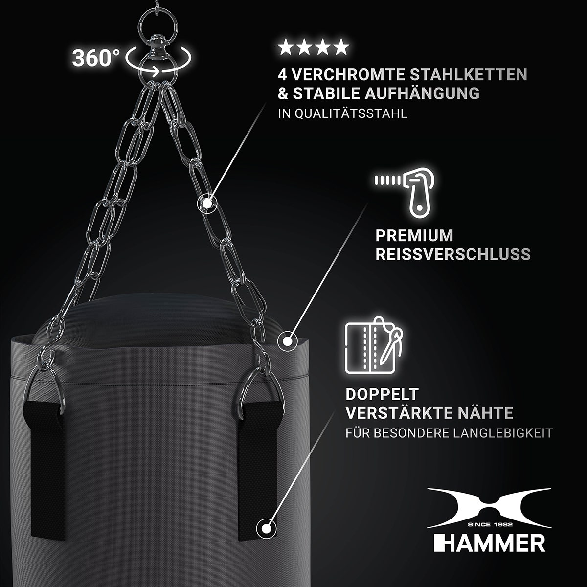 Sac de frappe noir avec chaîne et étiquettes indiquant les caractéristiques et les matériaux.