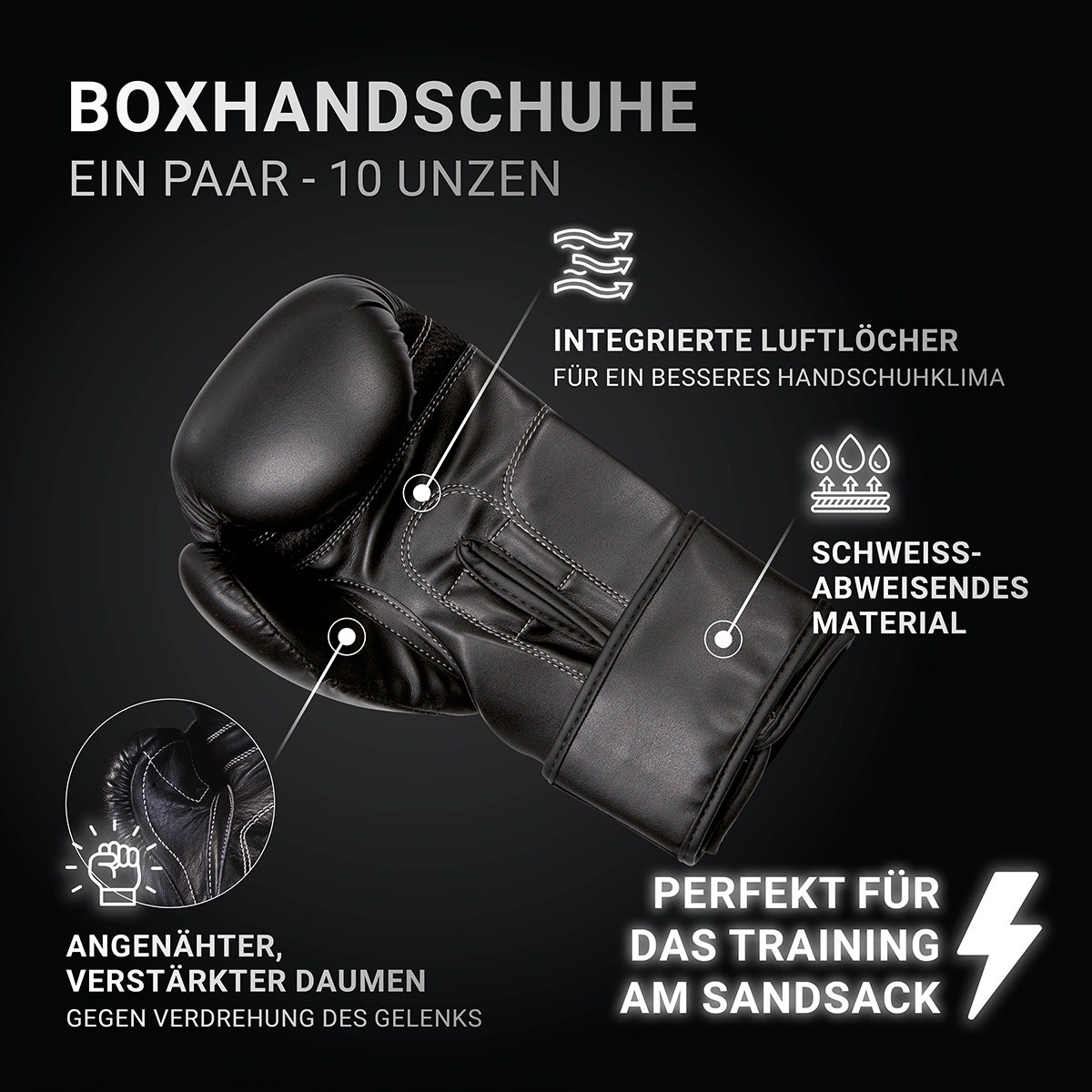 Gants de boxe noirs avec coutures blanches, gros plan du poignet. Les gants ont des trous d'aération.