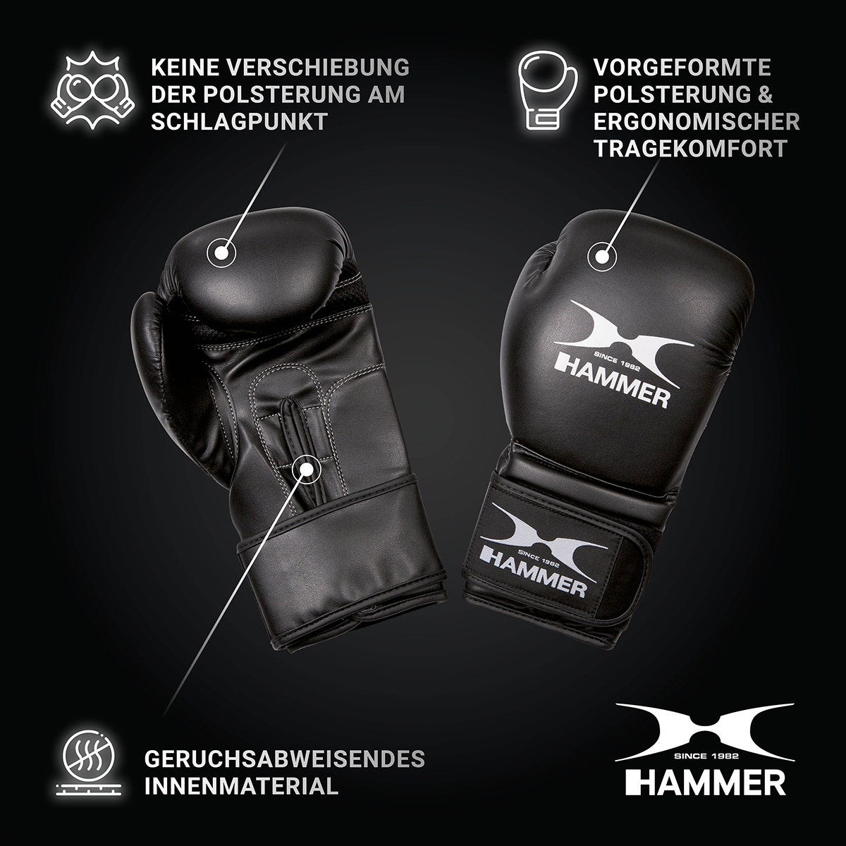 Une paire de gants de boxe noirs avec du texte blanc et des annotations sur fond sombre.