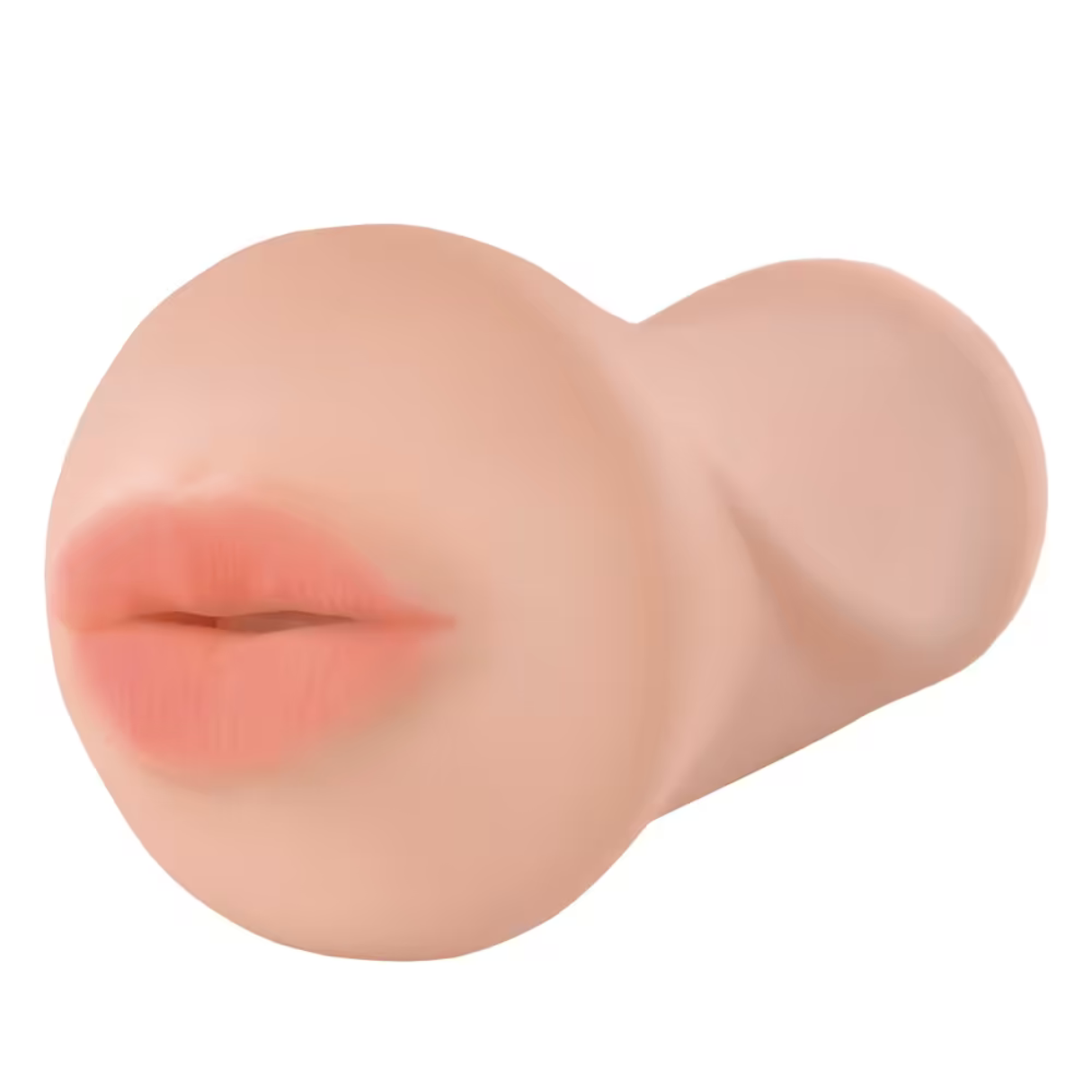 Ein fleischfarbenes Objekt, das einem Mund ähnelt. Die Lippen sind rosa und leicht geöffnet. Der Hintergrund ist weiß.