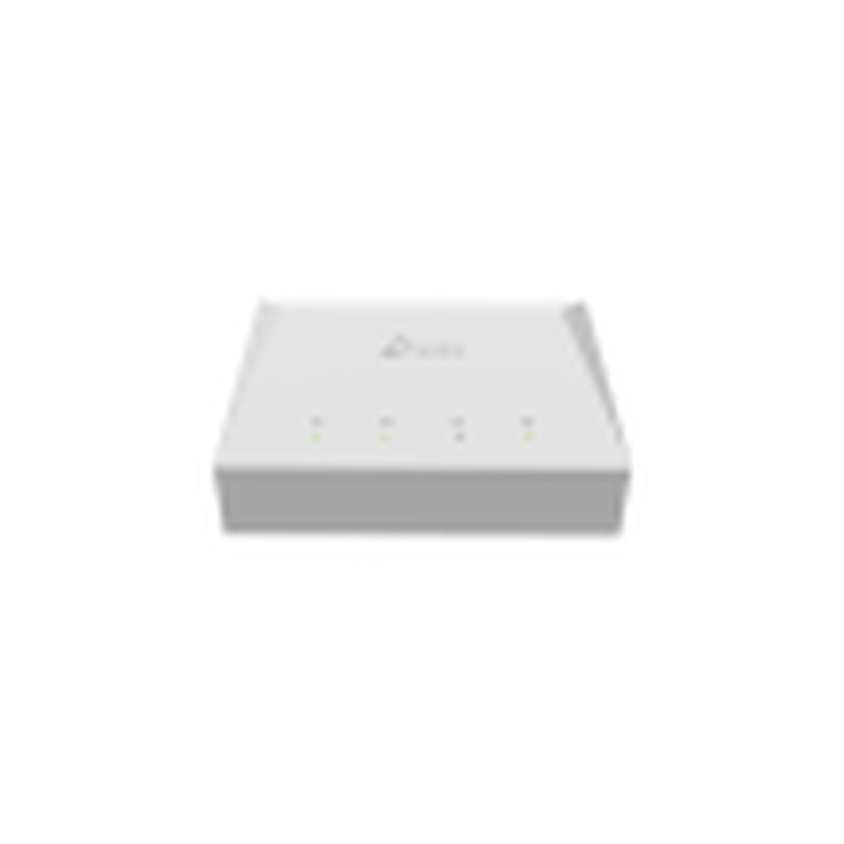 Weißer Router mit vier grünen Lichtern oben. Weißer Hintergrund. Klare Sicht.