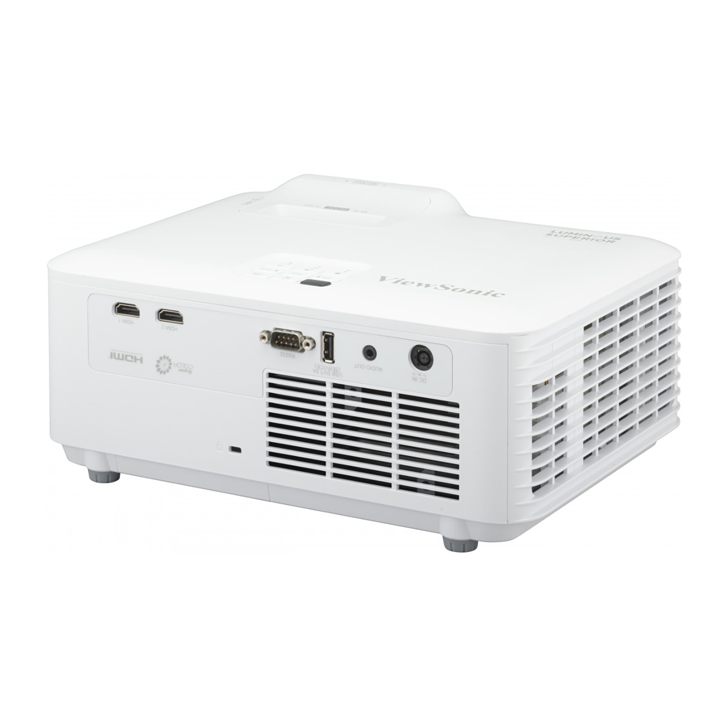 Biały projektor ViewSonic. Posiada porty, otwory wentylacyjne i logo ViewSonic. Na białym tle.
