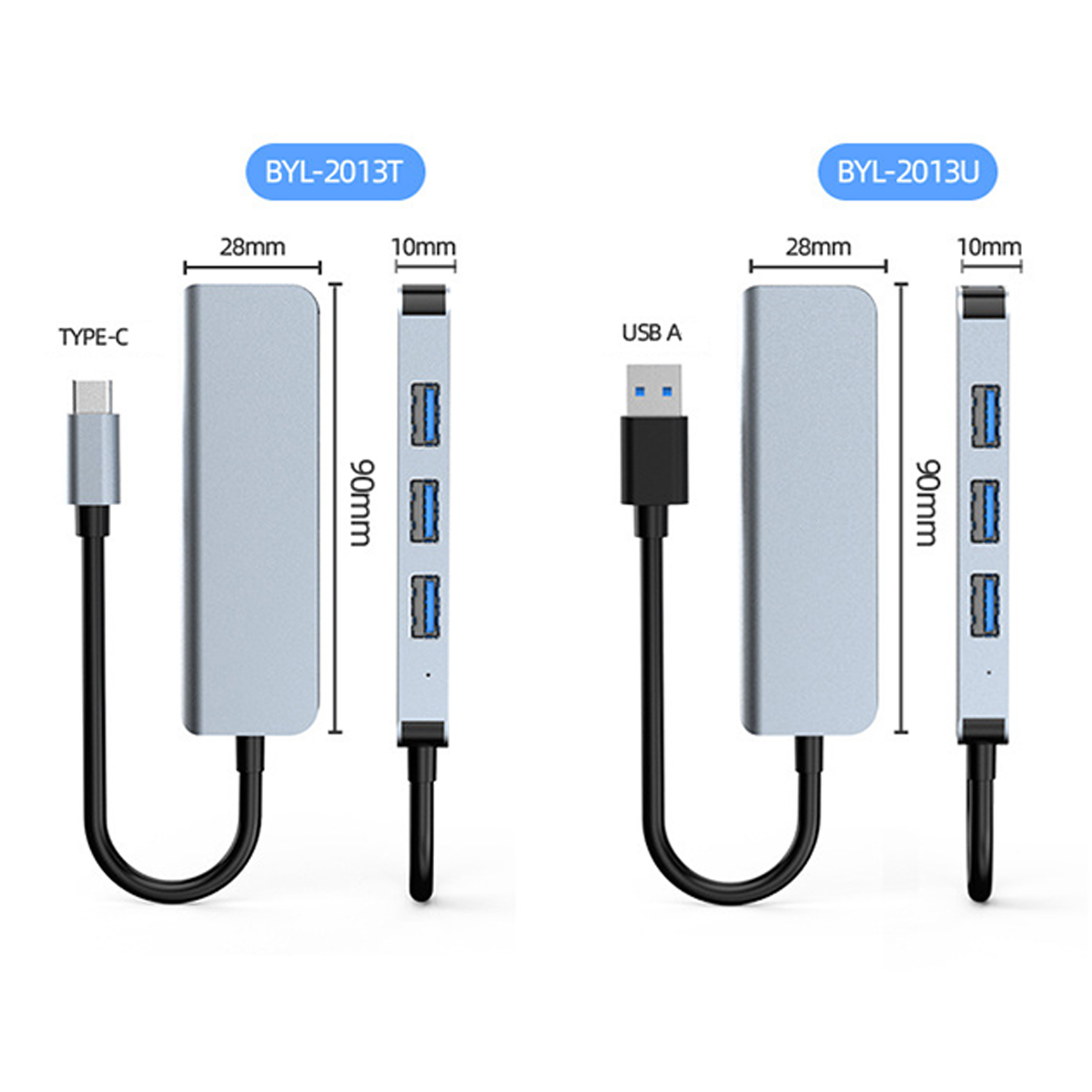 Dos concentradores USB grises, cada uno con puertos, con dimensiones y detalles del tipo de conexión.