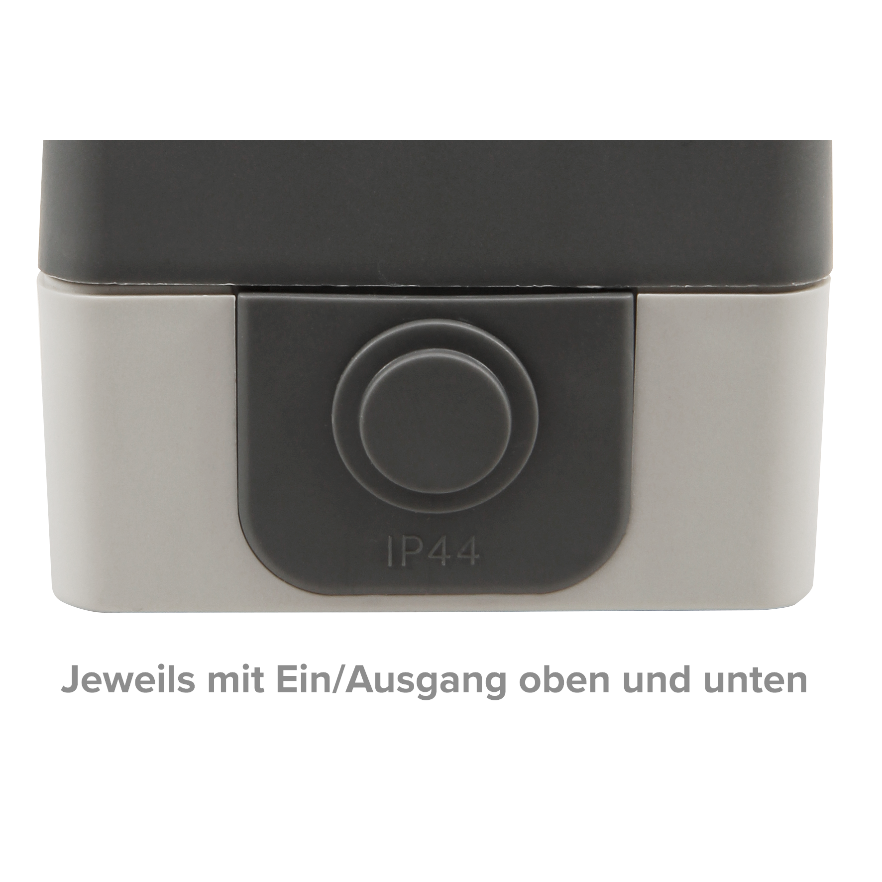 Graue Plastikbox mit dunkelgrauem Knopf und dem Text IP44.