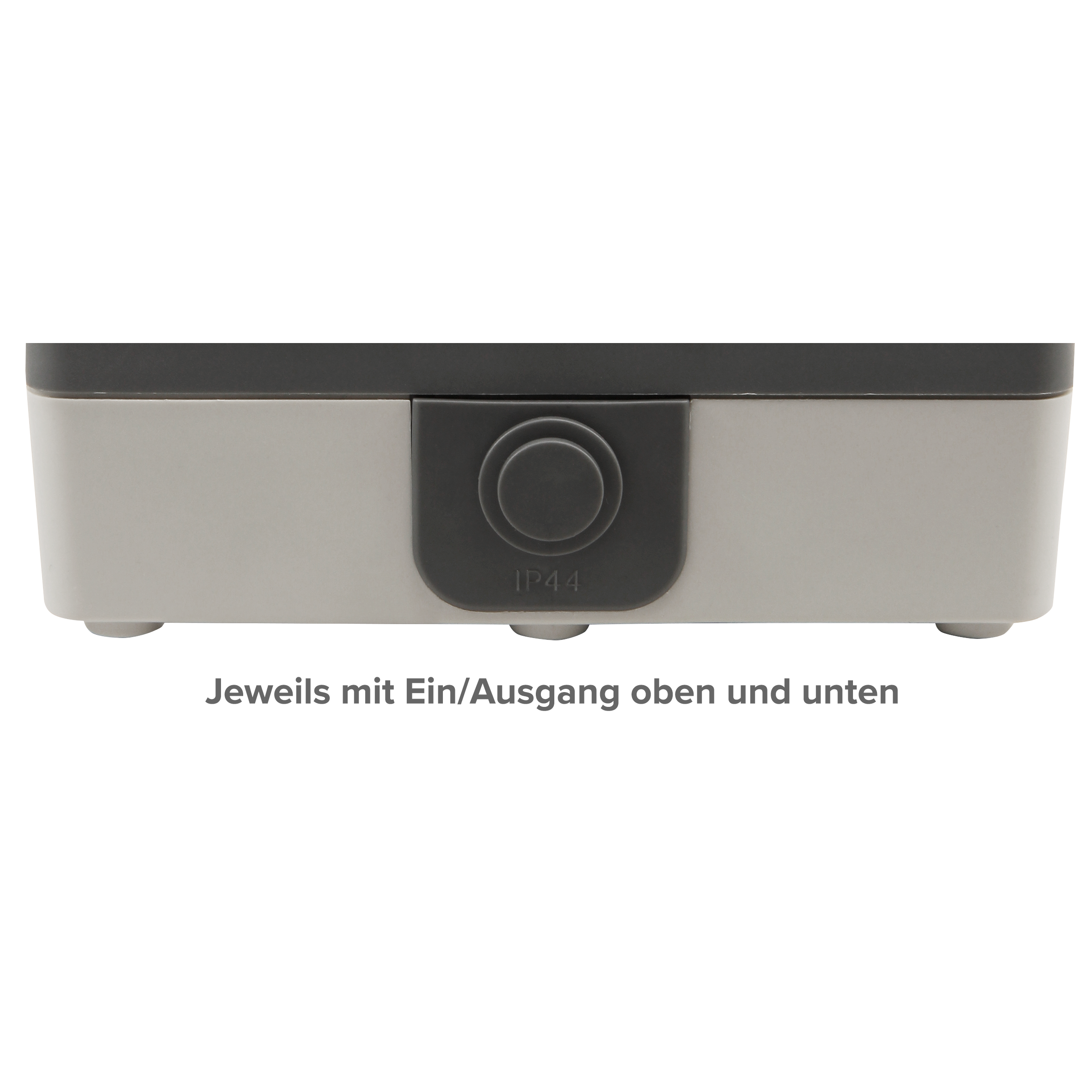 Grau-weiße Gerätebasis mit Knopf und IP44-Etikett. Text: Ein-/Ausgang oben und unten.