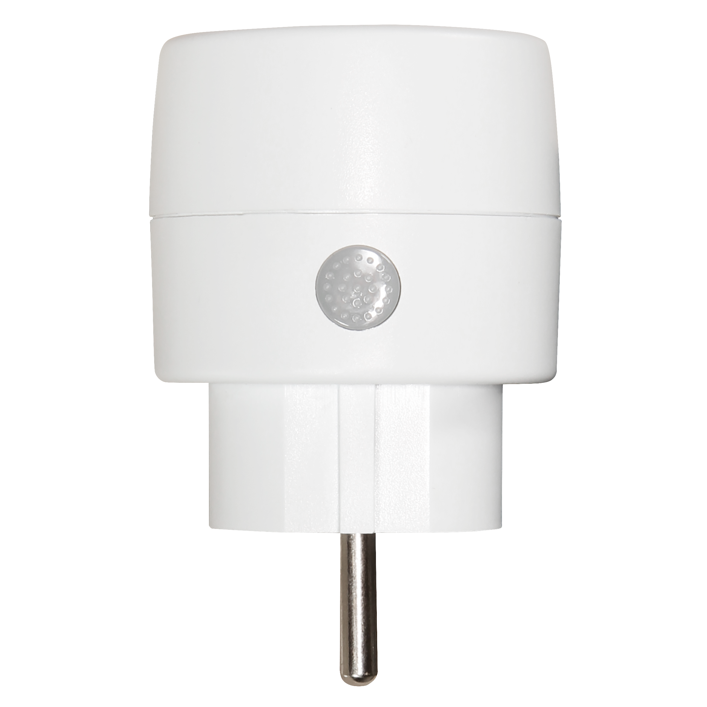 Weißer Smart-Plug mit grauem Knopf. Schwarzer Hintergrund. Elektrische Stifte.