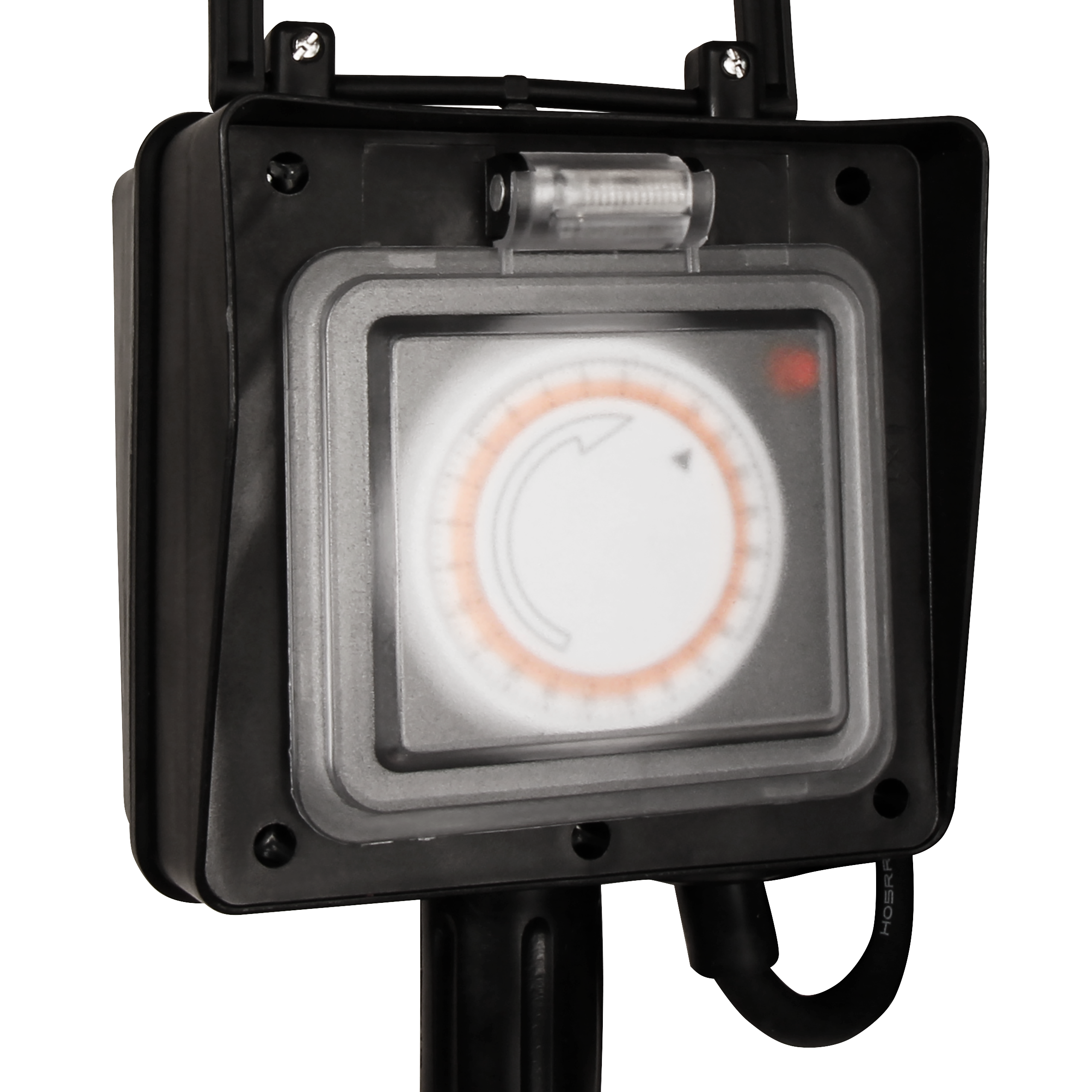 Schwarzer Outdoor-Timer mit Zifferblatt und durchsichtiger Abdeckung. Es gibt einen schwarzen Stecker und ein rotes Licht.