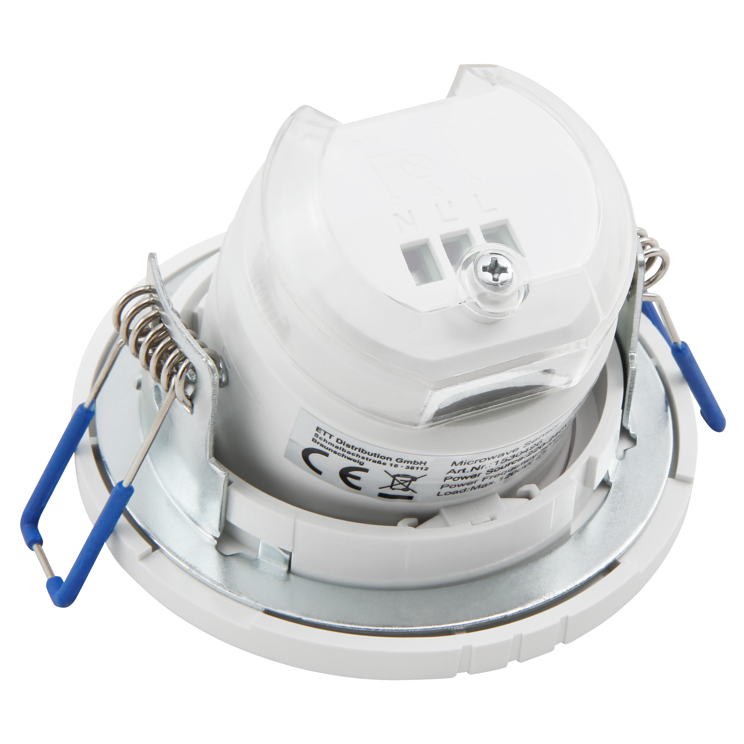 Weißer Sensor mit klarer Kuppel. Silberne Metallfeder und blaue Drähte. Schwarzer Hintergrund.