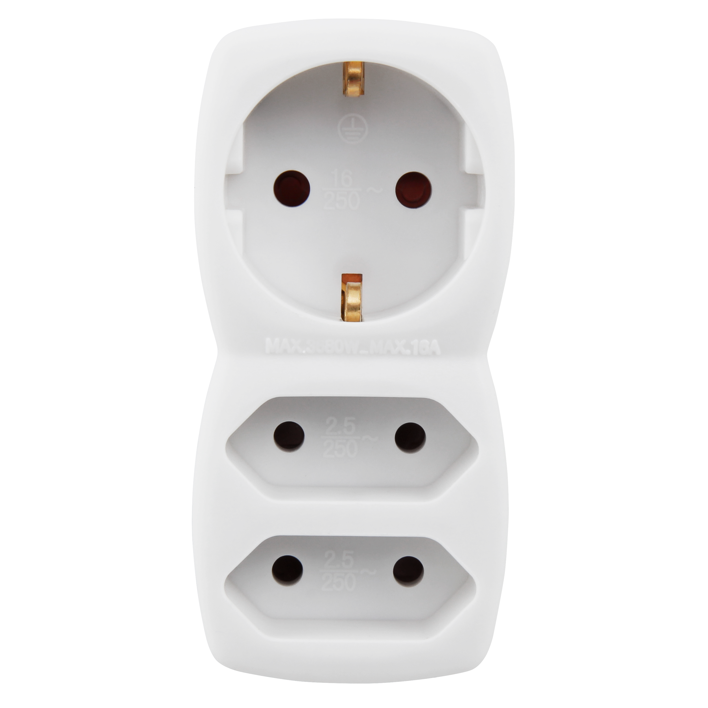 Weißer Adapter mit zwei Steckdosen für europäische Stecker, mit Spannungsinformationen.