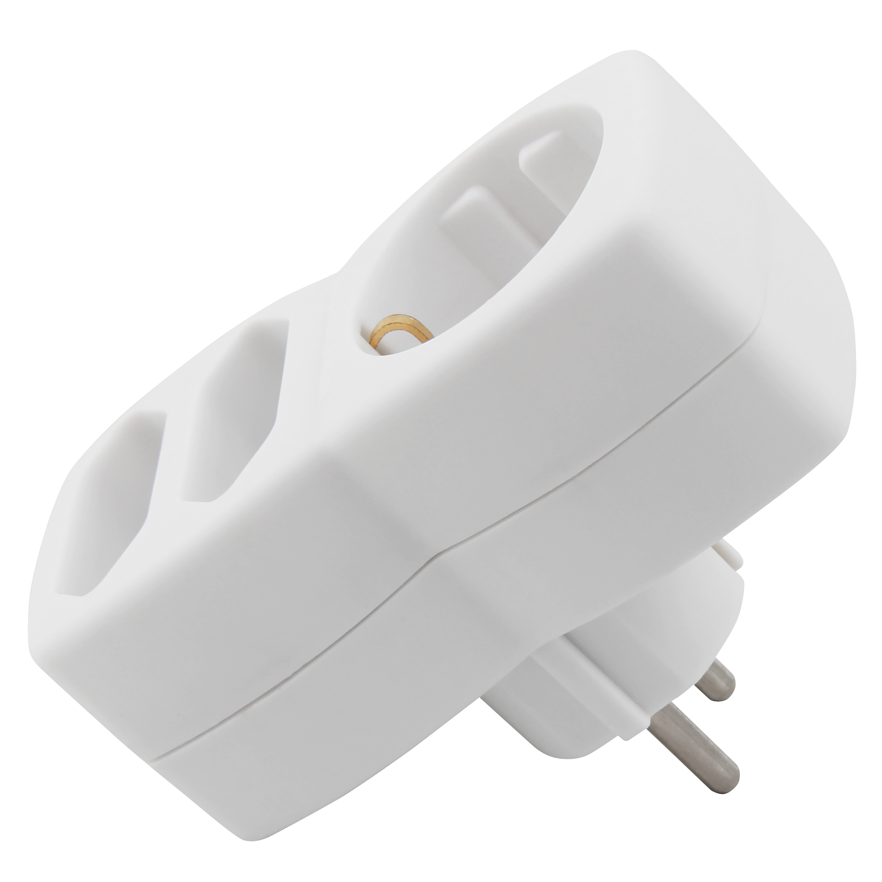 Weißer 3-fach-Stromadapter mit zwei Steckdosen und einem Stecker.