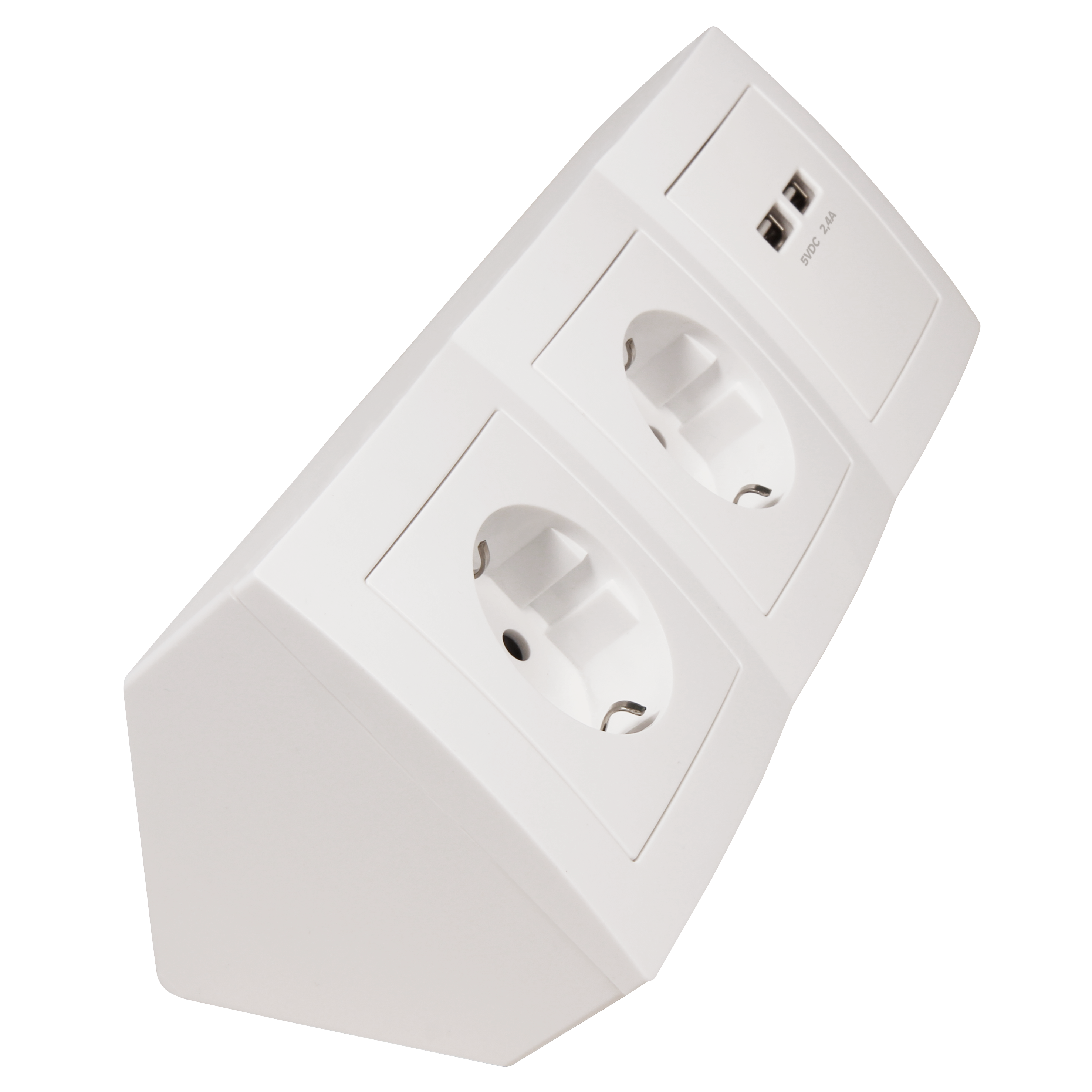 Presa bianca con due prese e una porta USB, su sfondo nero.