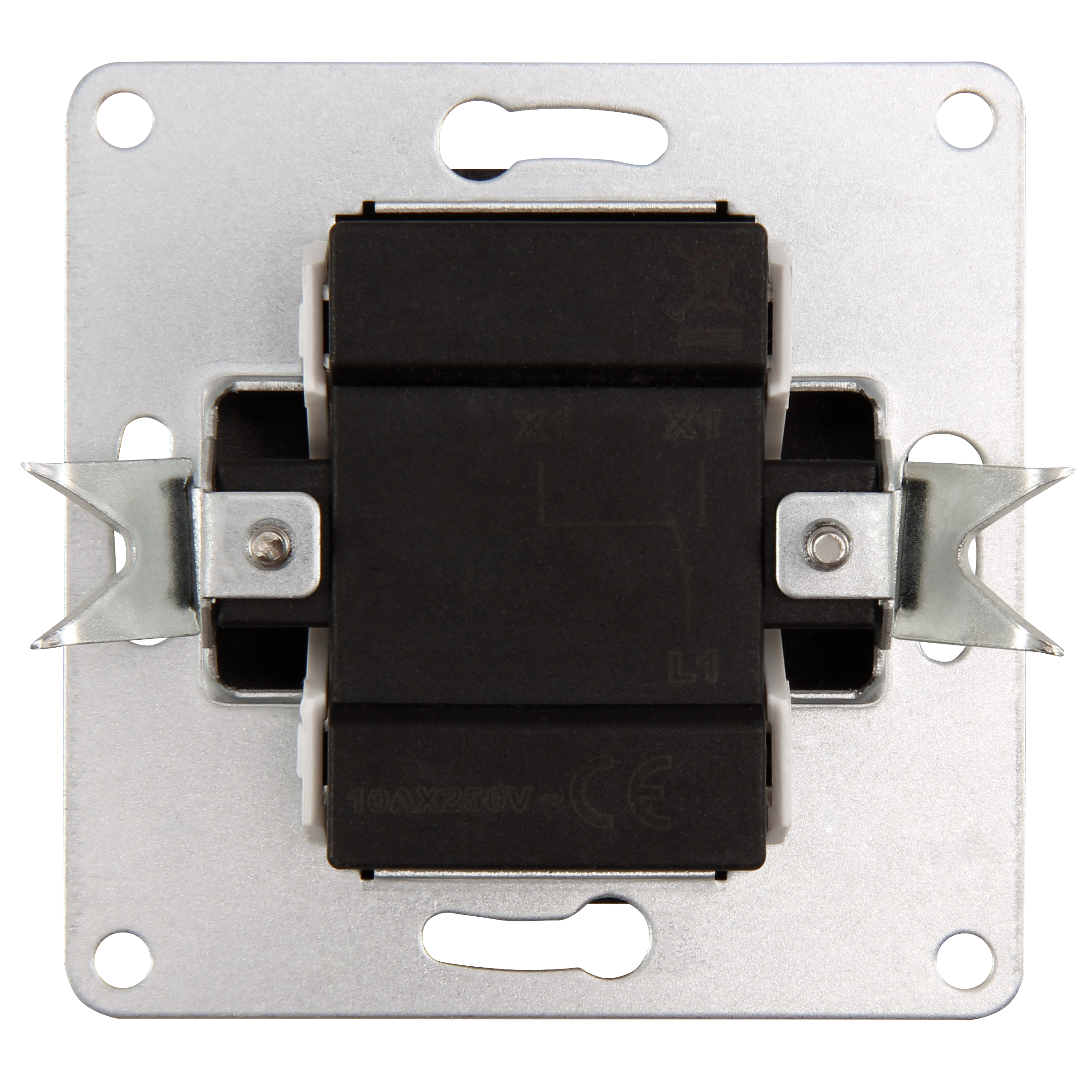 Metallischer Schaltermechanismus mit schwarzen Komponenten.