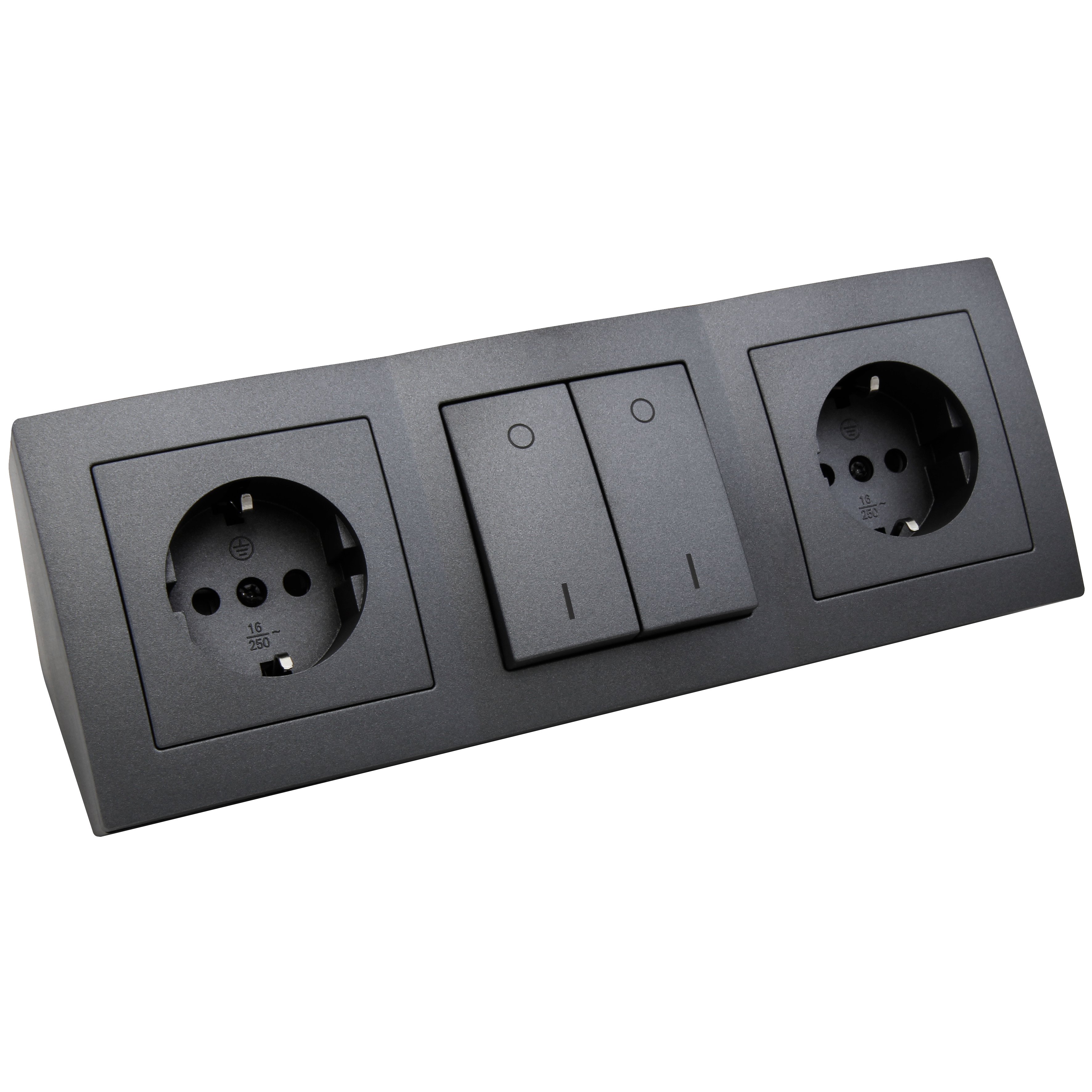 Presa elettrica nera con due interruttori su sfondo nero. È un pannello.