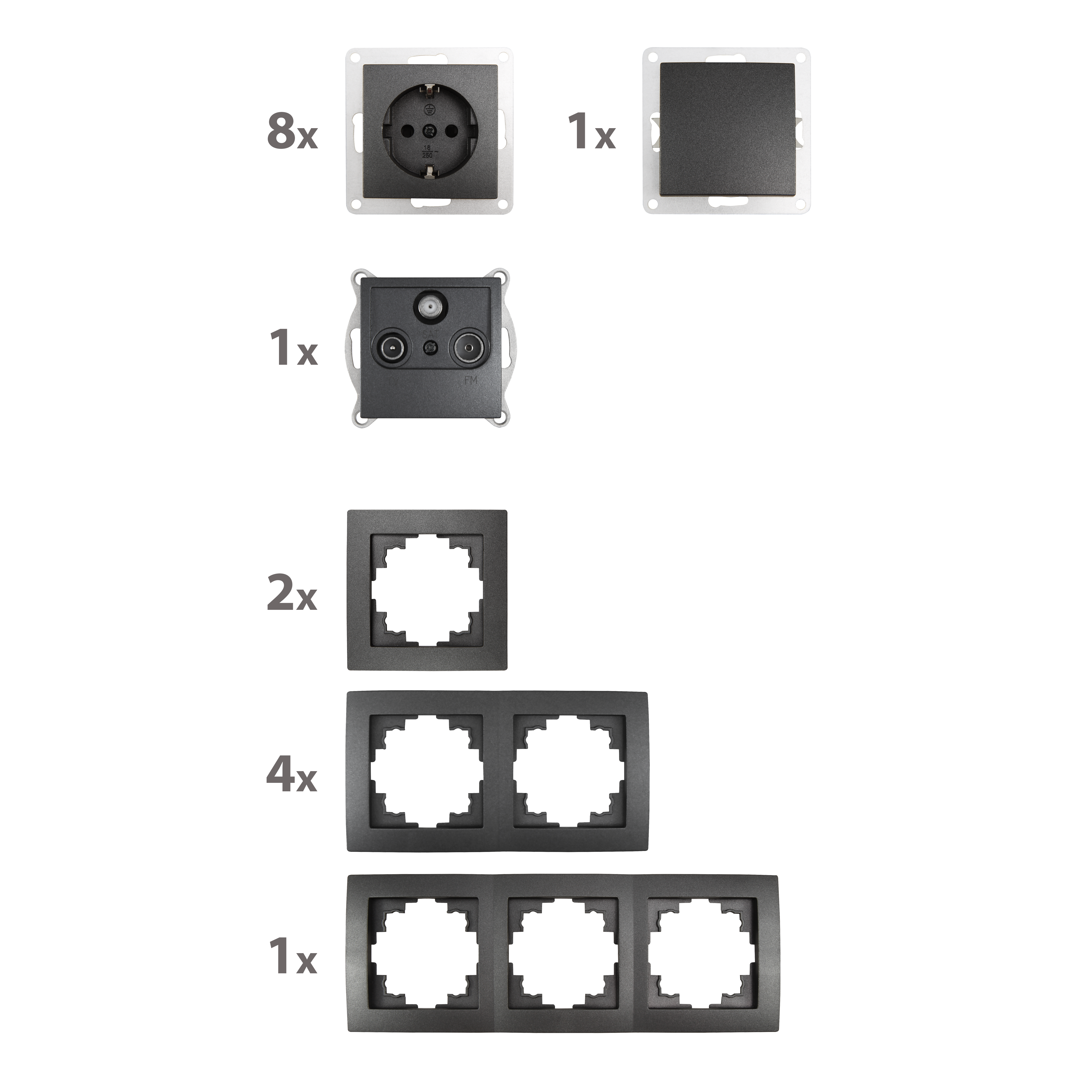 Sortiment an Steckdosen und Schalterplatten in Schwarz.