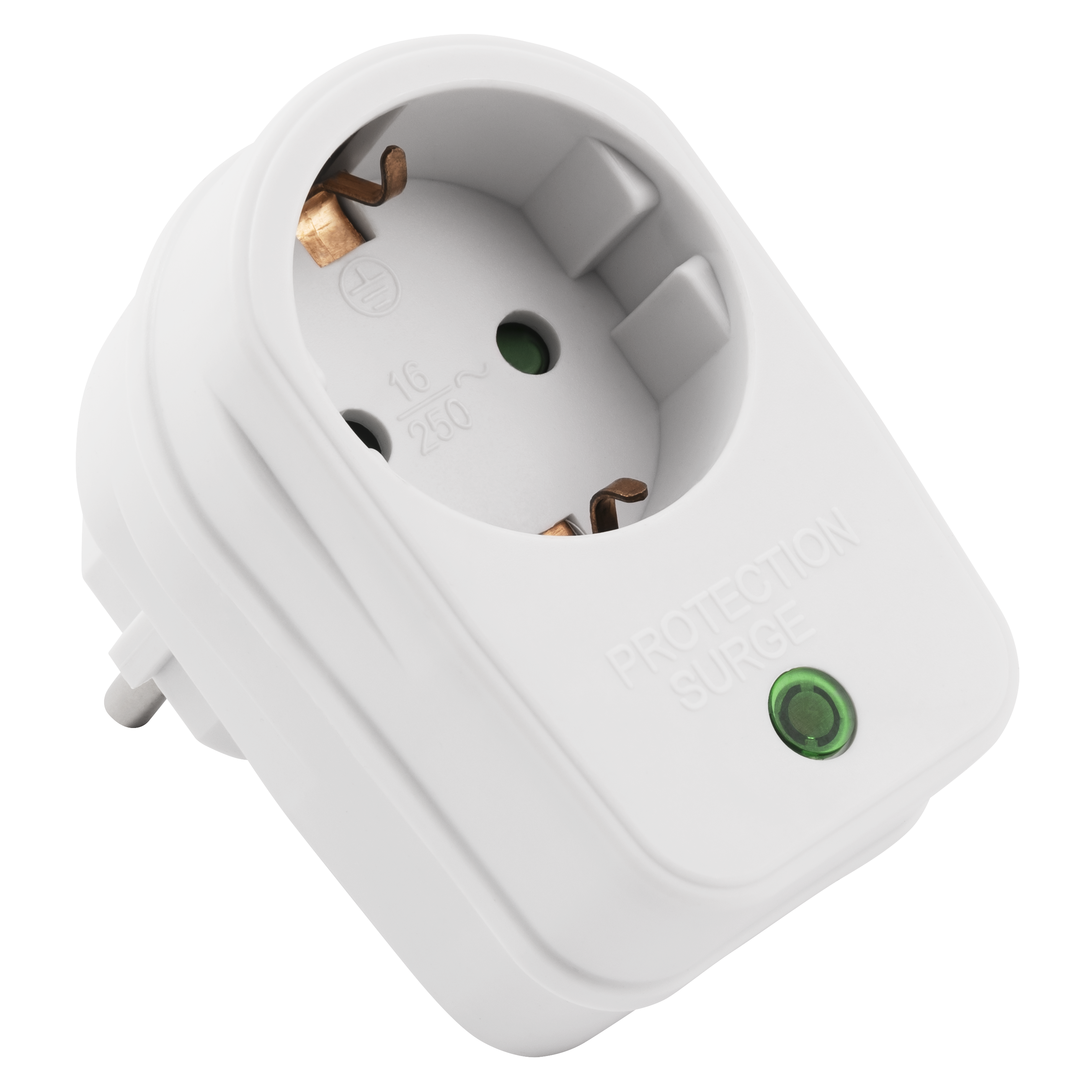 Ein weißer Überspannungsschutz-Adapter. Er hat ein grünes Licht und befindet sich auf schwarzem Hintergrund.