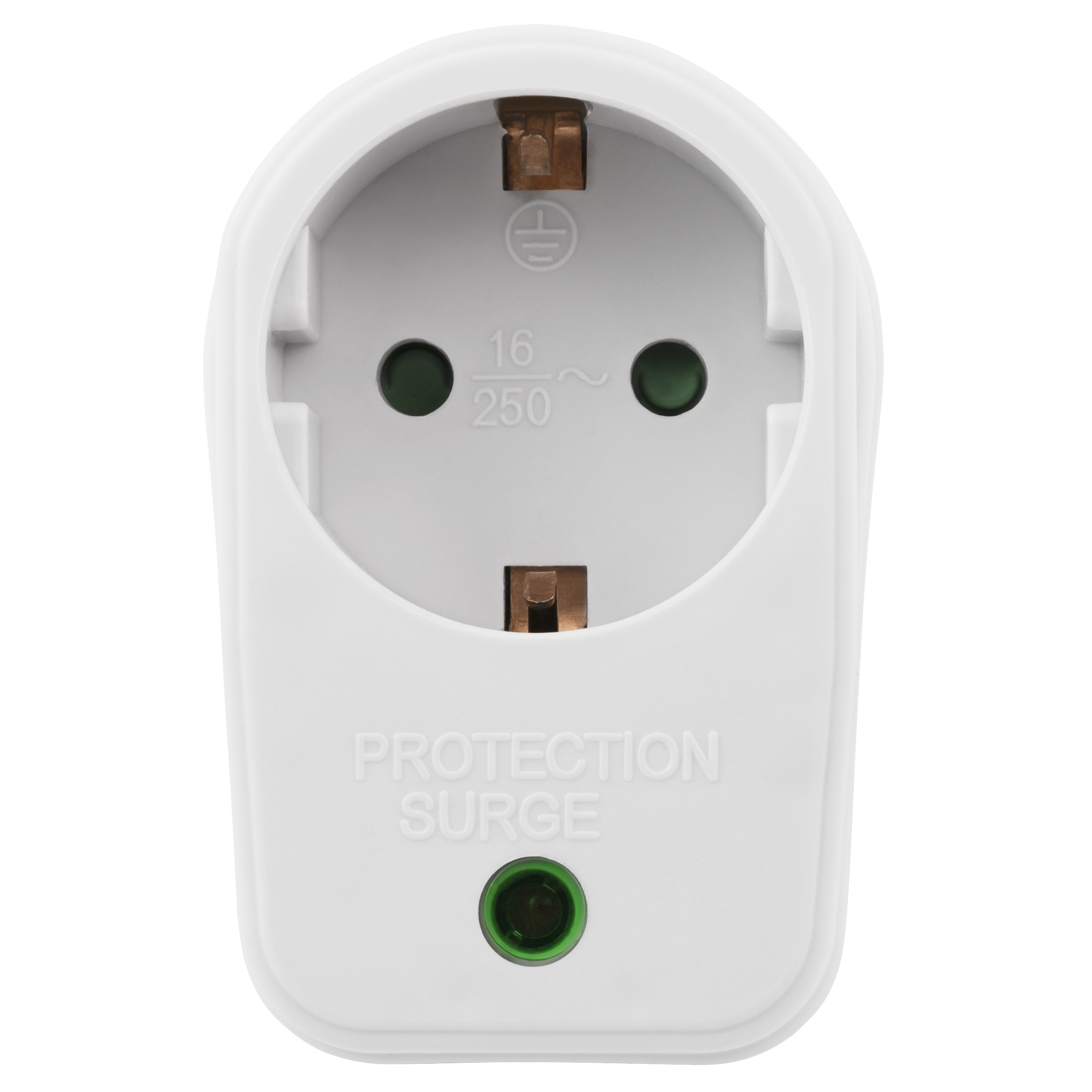 Ein weißer Steckeradapter mit zwei Löchern und einer grünen Kontrollleuchte, mit Text PROTECTION SURGE.