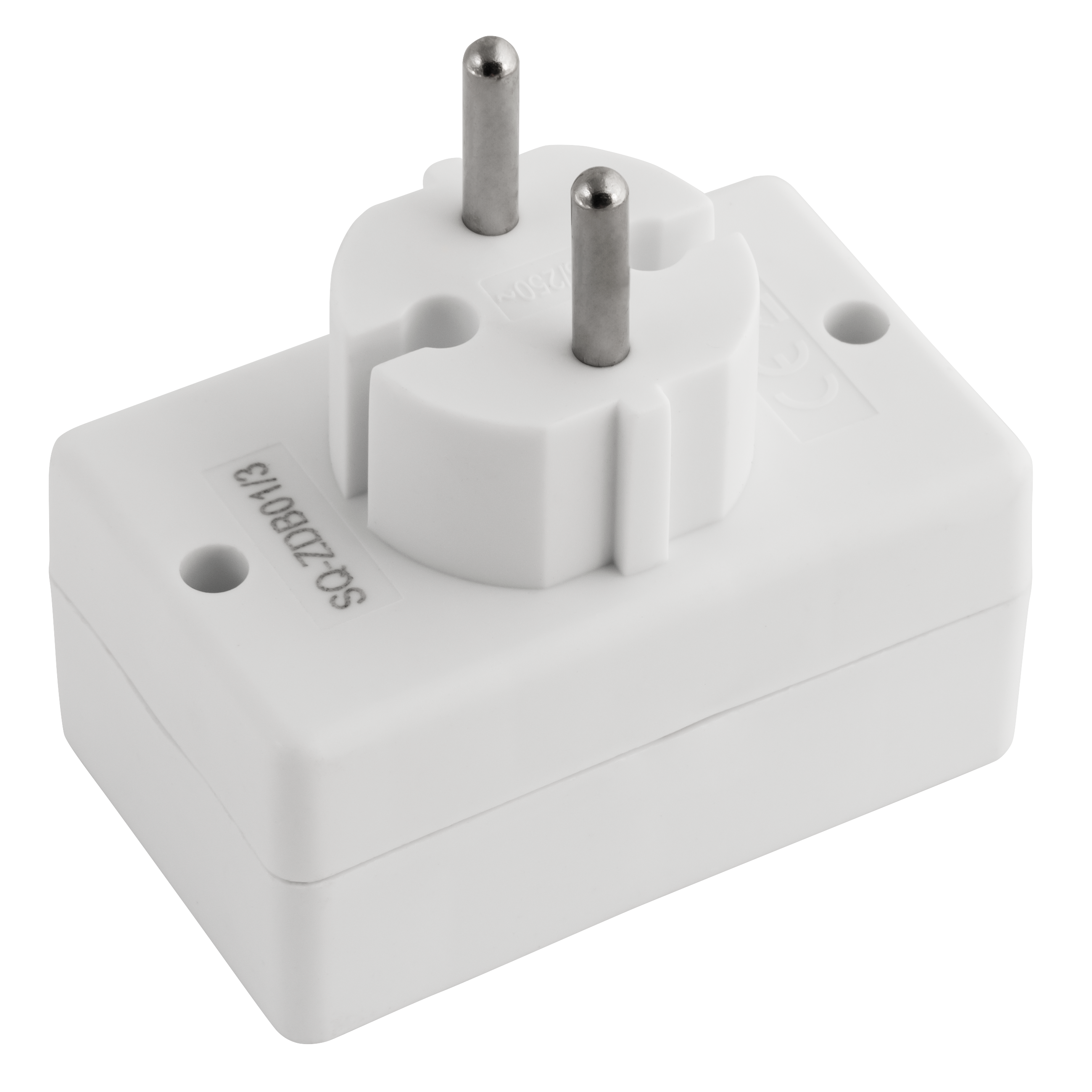 Weißer Adapter mit zwei Stiften und zwei Löchern. Es ist auf schwarzem Hintergrund.