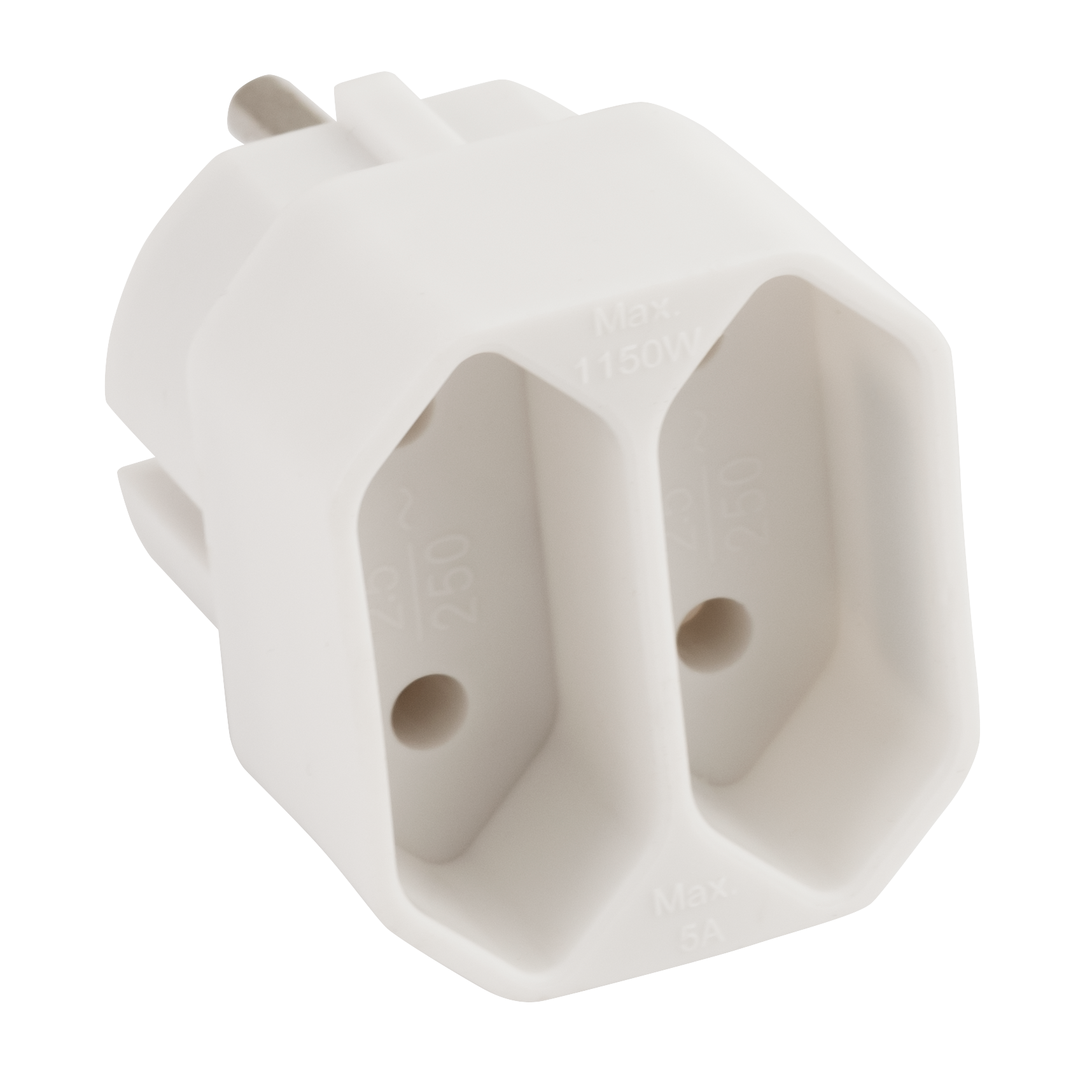 Weißer Doppeladapter mit zwei Steckdosen, für elektrische Stecker.