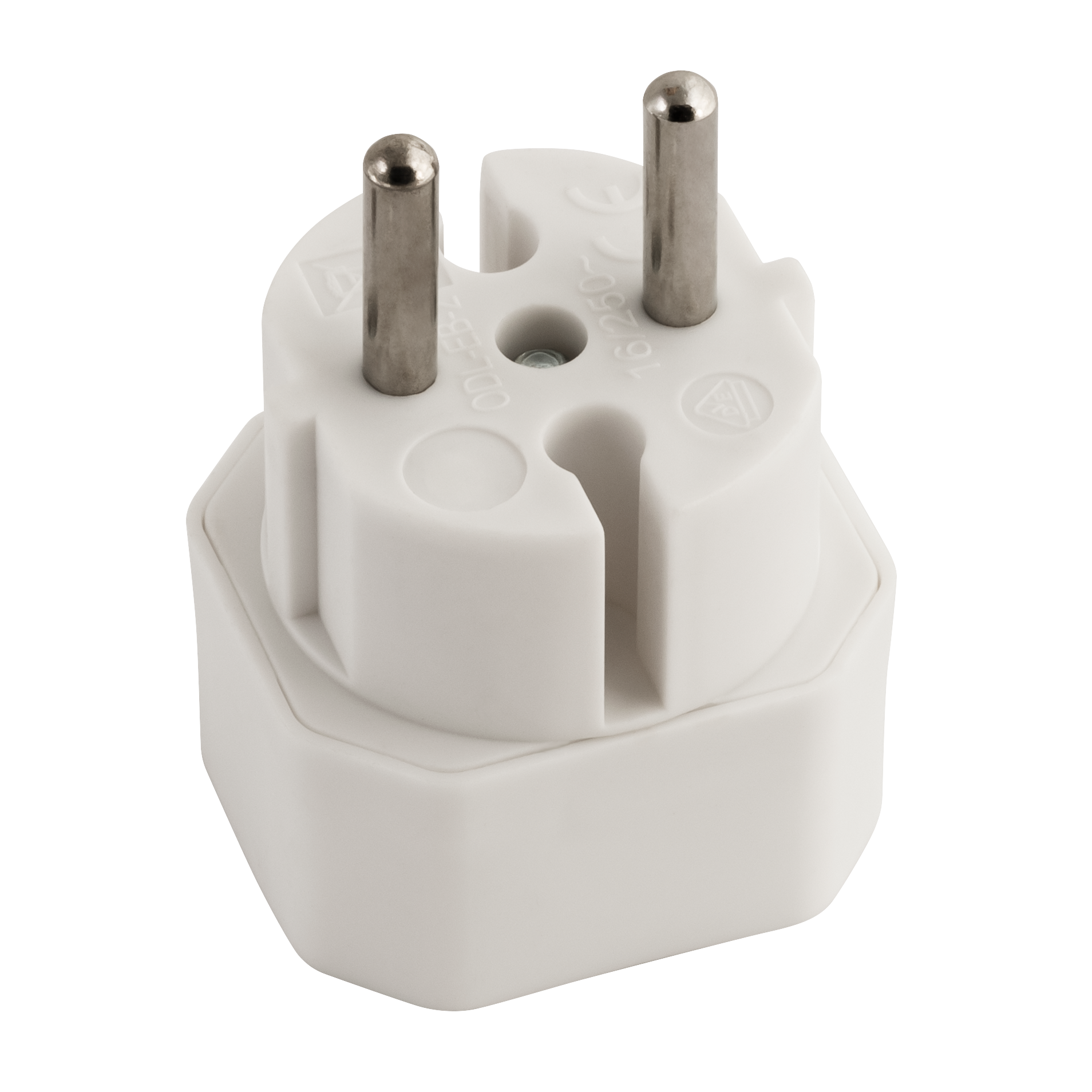 Weißer Netzadapter mit silbernen Stiften.
