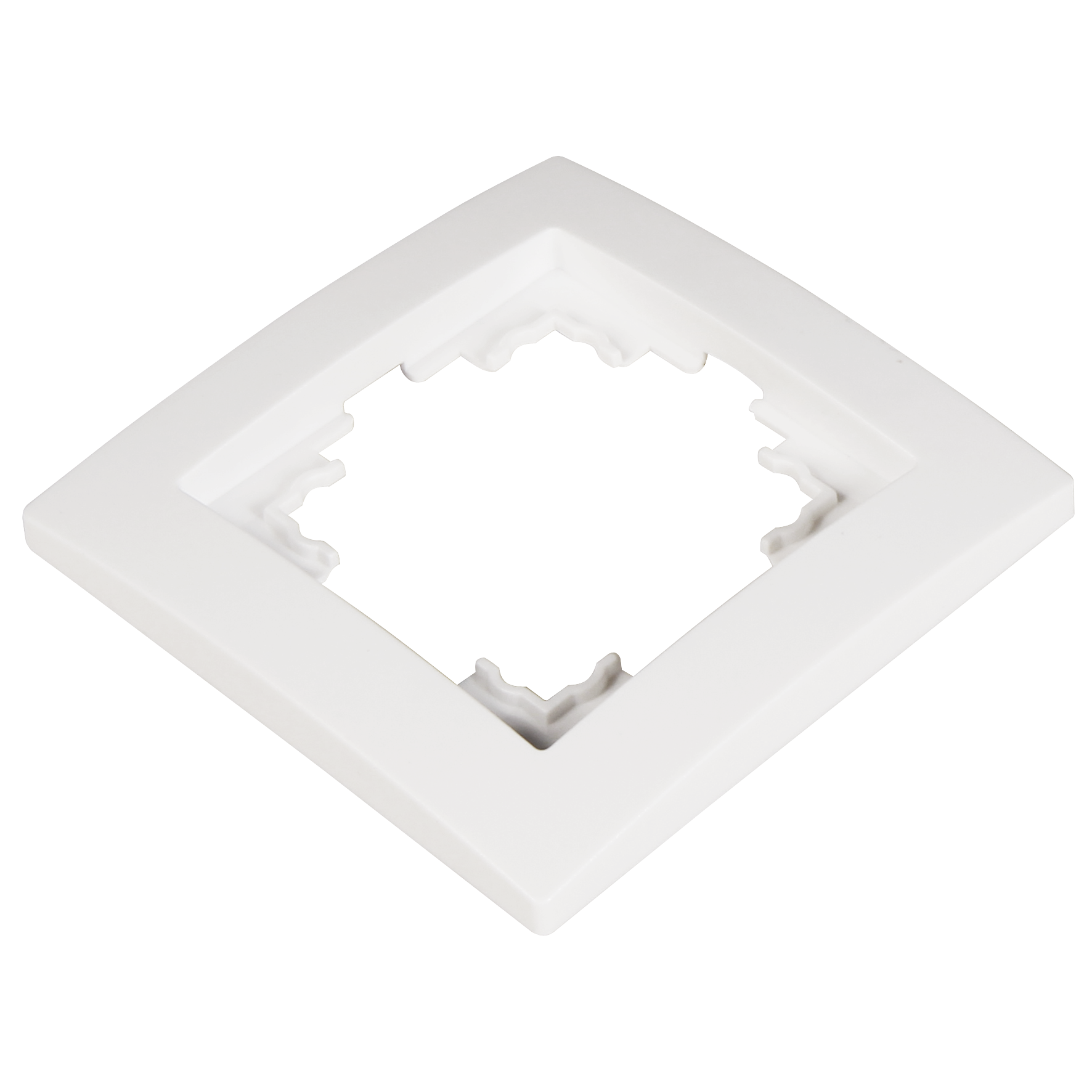 Weißer quadratischer Rahmen für eine Wandsteckdose, mit zentralem Freiraum.