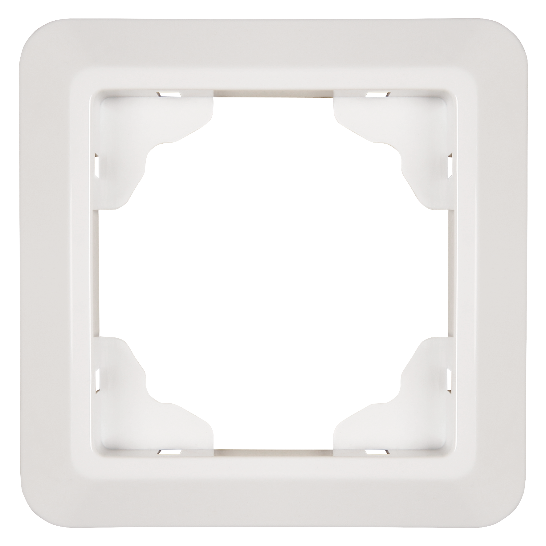 Weiße quadratische Wandplatte mit einer großen quadratischen Öffnung. Vier weiße Eckstücke sind in der Öffnung sichtbar.