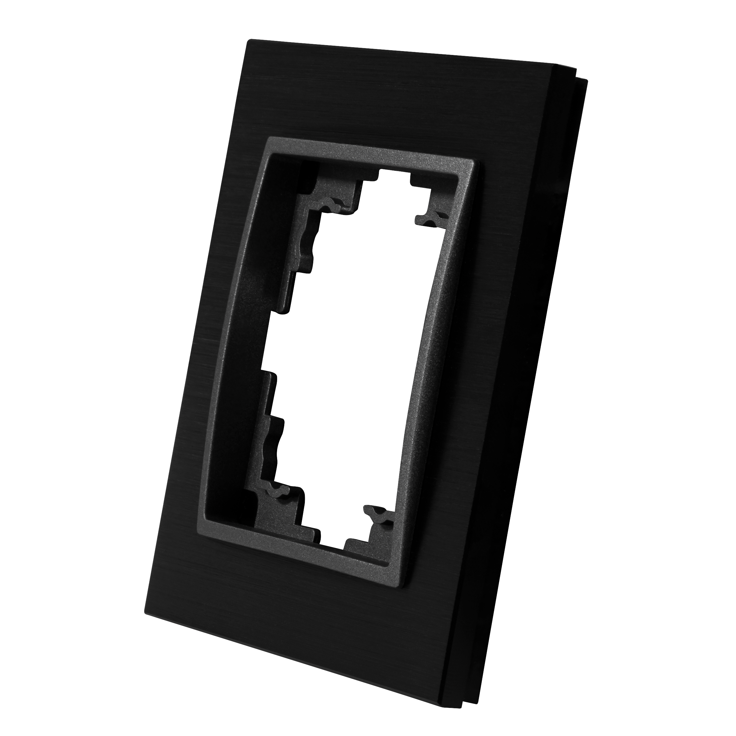 Schwarze Wandplatte mit Aussparung. Rechteckig mit dunkelgrauem Innenrahmen.
