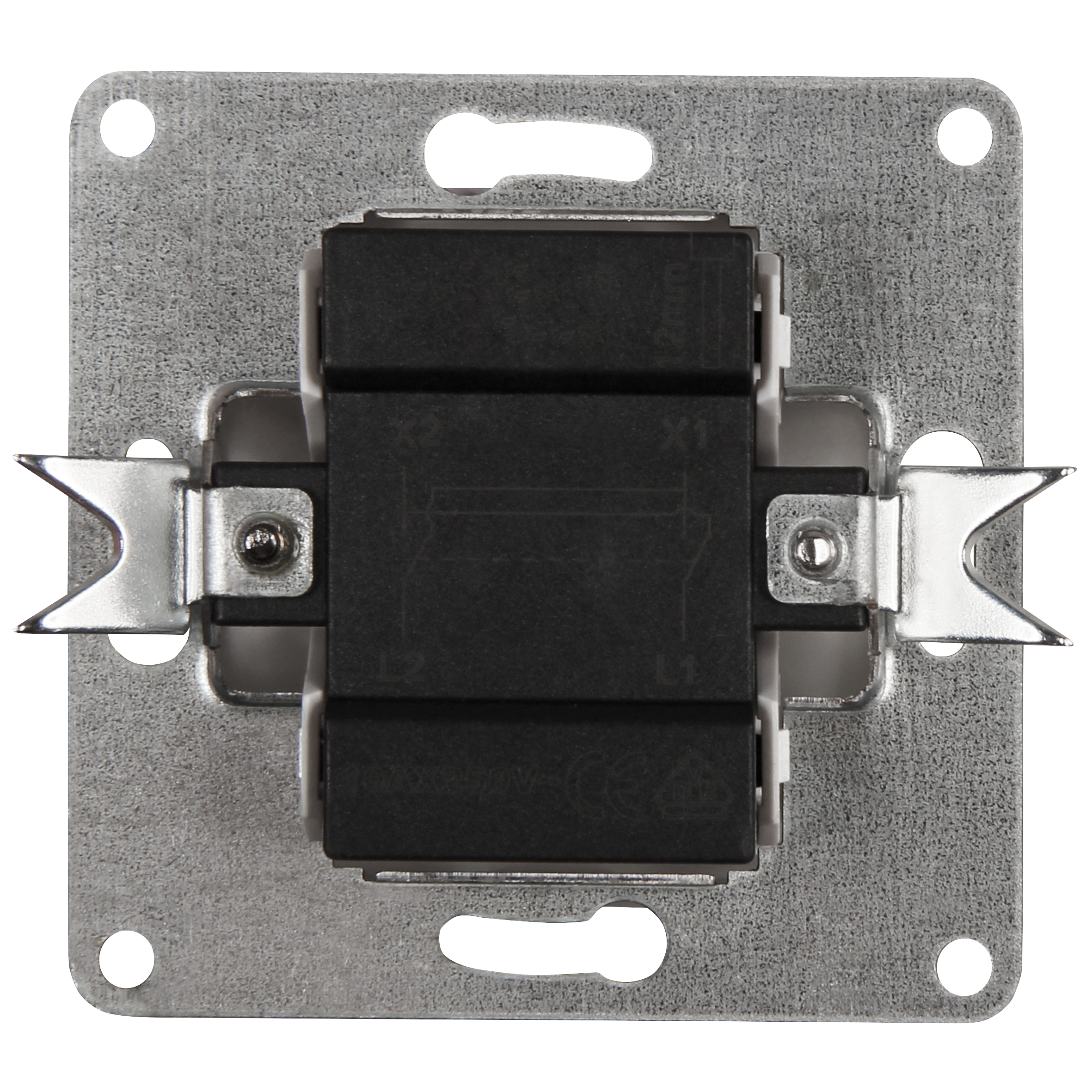 Eine elektrische Metallsteckdose mit zwei schwarzen elektrischen Komponenten.