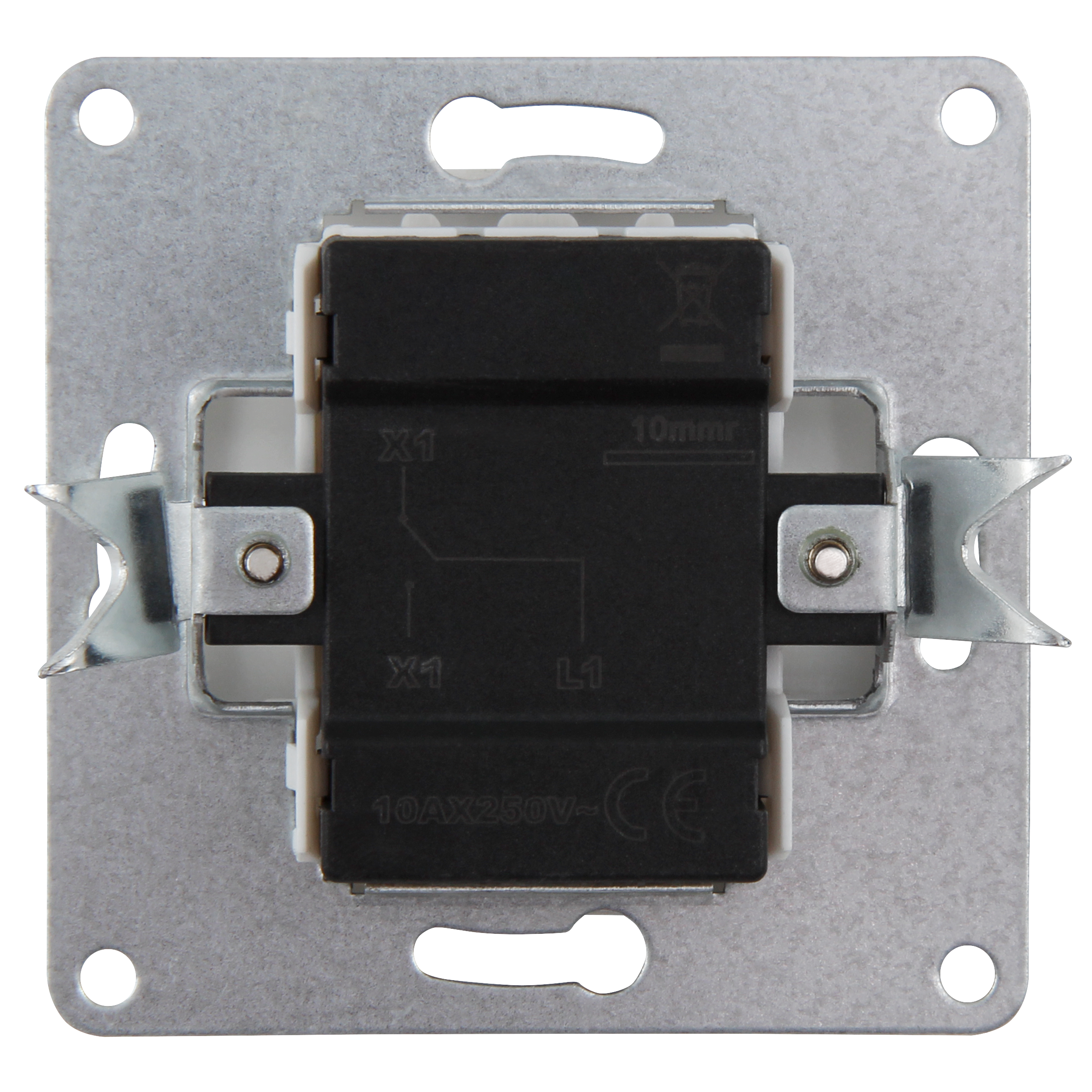 Metall-Elektroschalter mit schwarzem, quadratischem Kunststoff. Silberne Metallplatte mit Schraubenlöchern. Schwarzer Hintergrund.