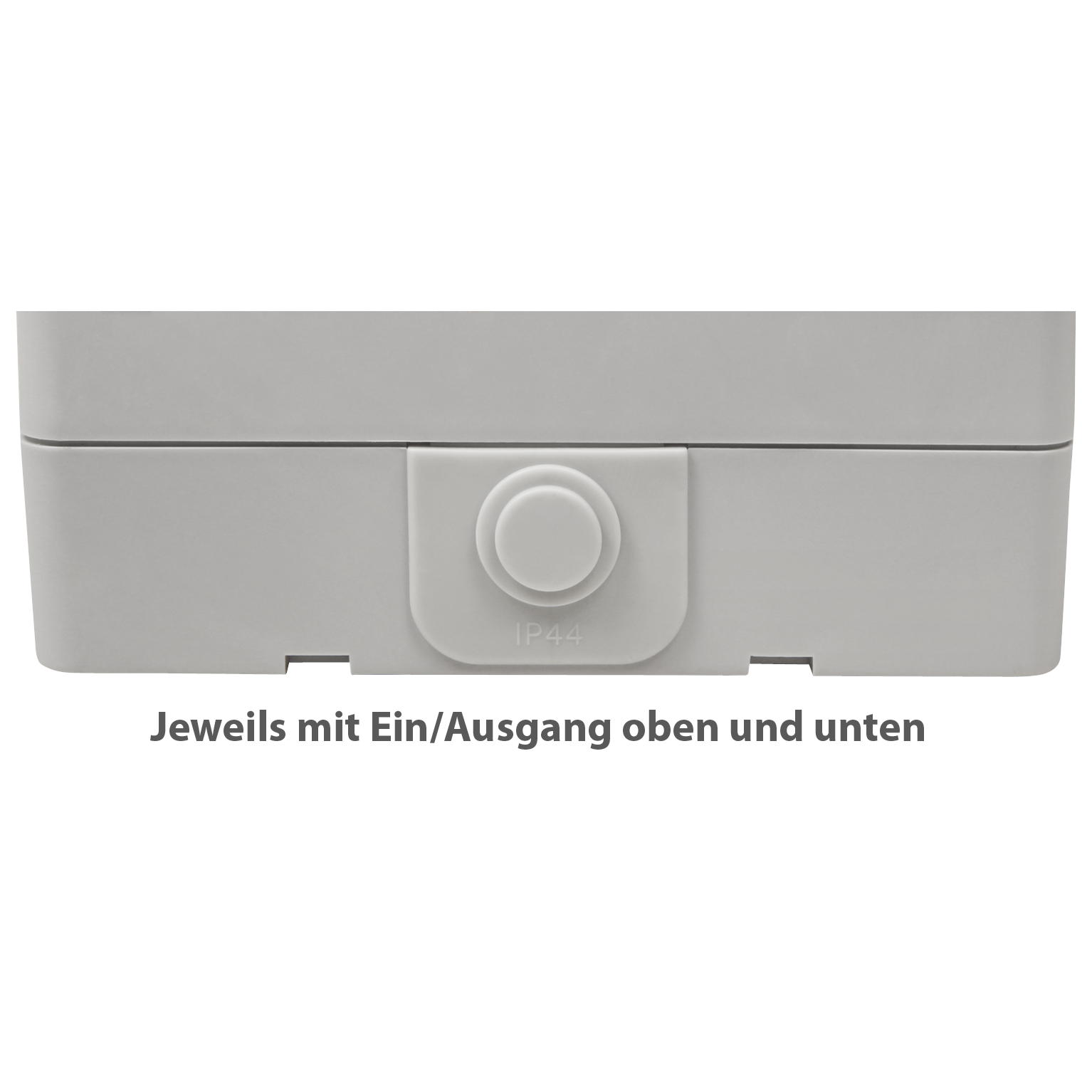 Eine hellgraue rechteckige Box mit einer kreisförmigen Taste mit der Aufschrift 'IP44'. Der Text lautet 'Ein/Ausgang'.