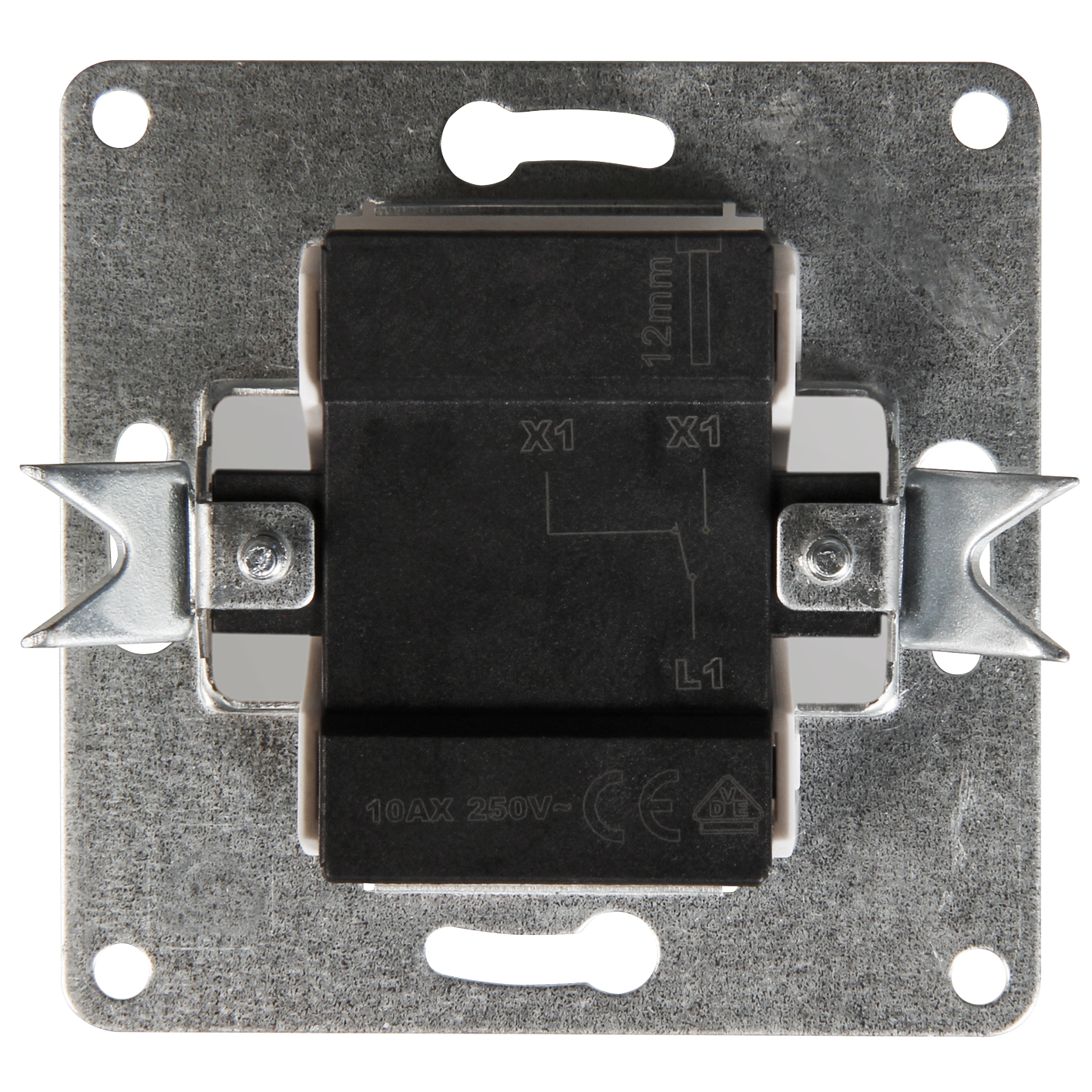Metall-Montagehalterung mit angebrachten elektrischen Komponenten, auf dunklem Hintergrund.