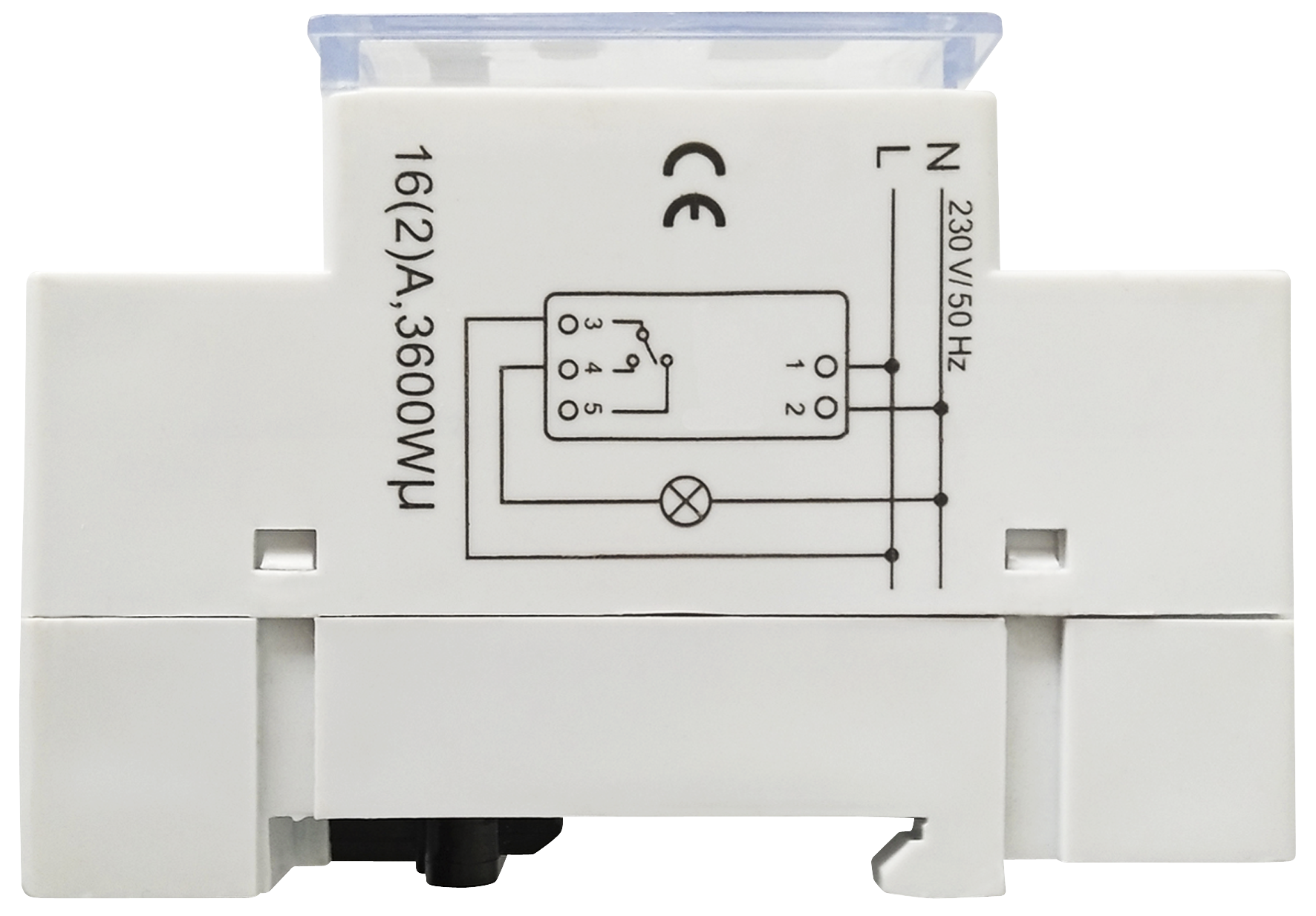 Weißes elektronisches Gerät mit Diagramm, Anschlüssen und einem Licht. Schwarzer Hintergrund.