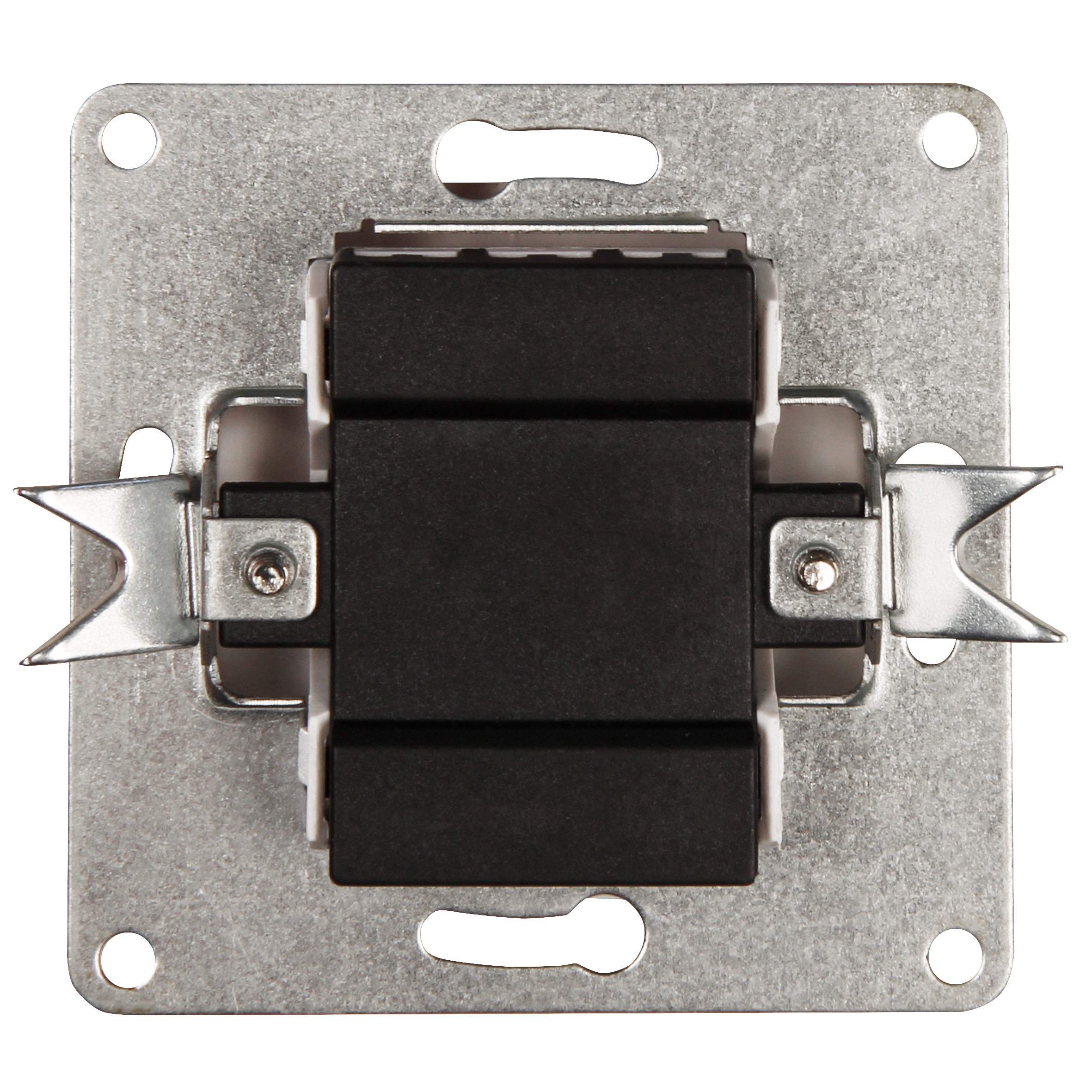 Eine quadratische Metallbox mit schwarzen Modulen im Inneren, von oben betrachtet.