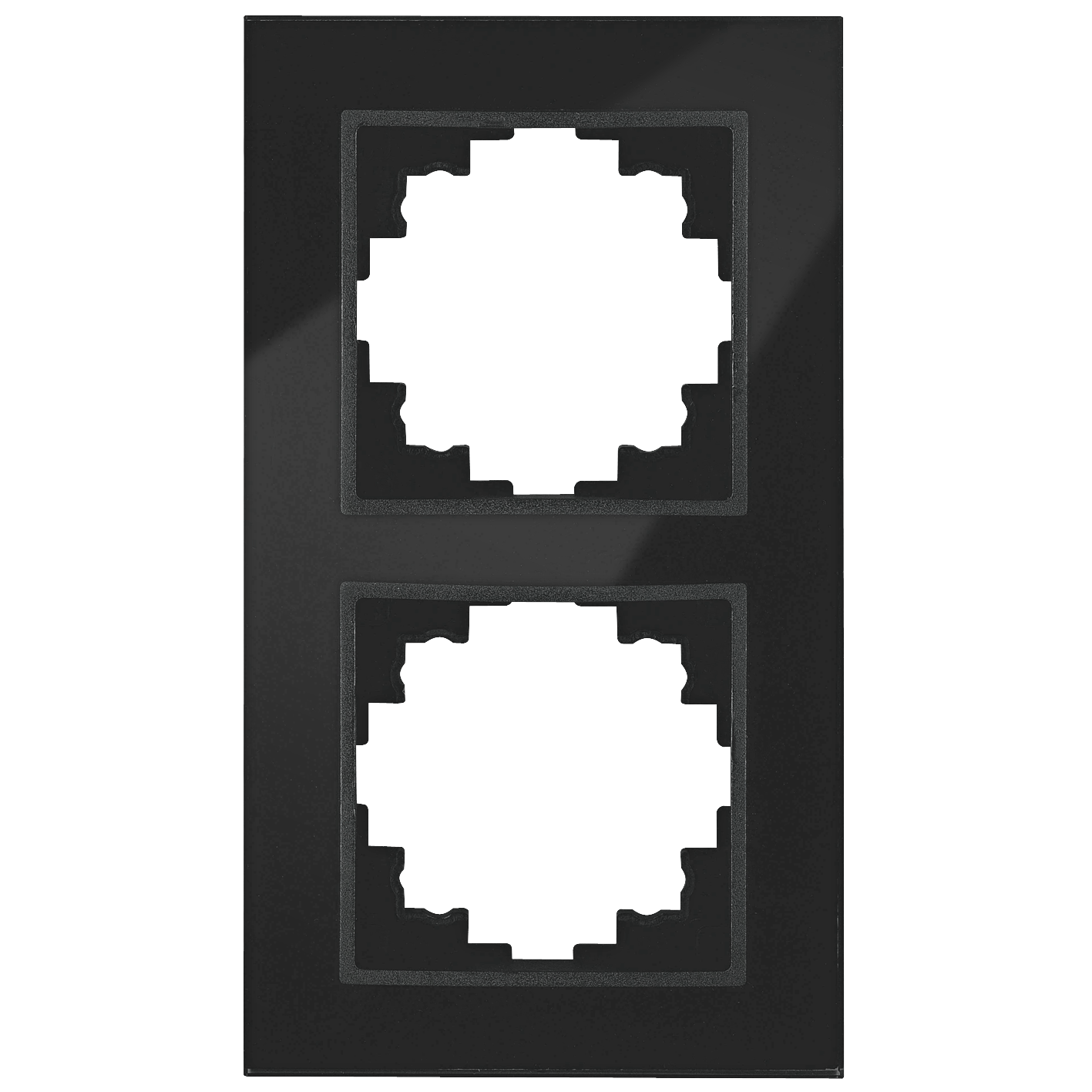 Schwarze Steckdosenabdeckung mit zwei quadratischen Öffnungen, glatte, matte Oberfläche.