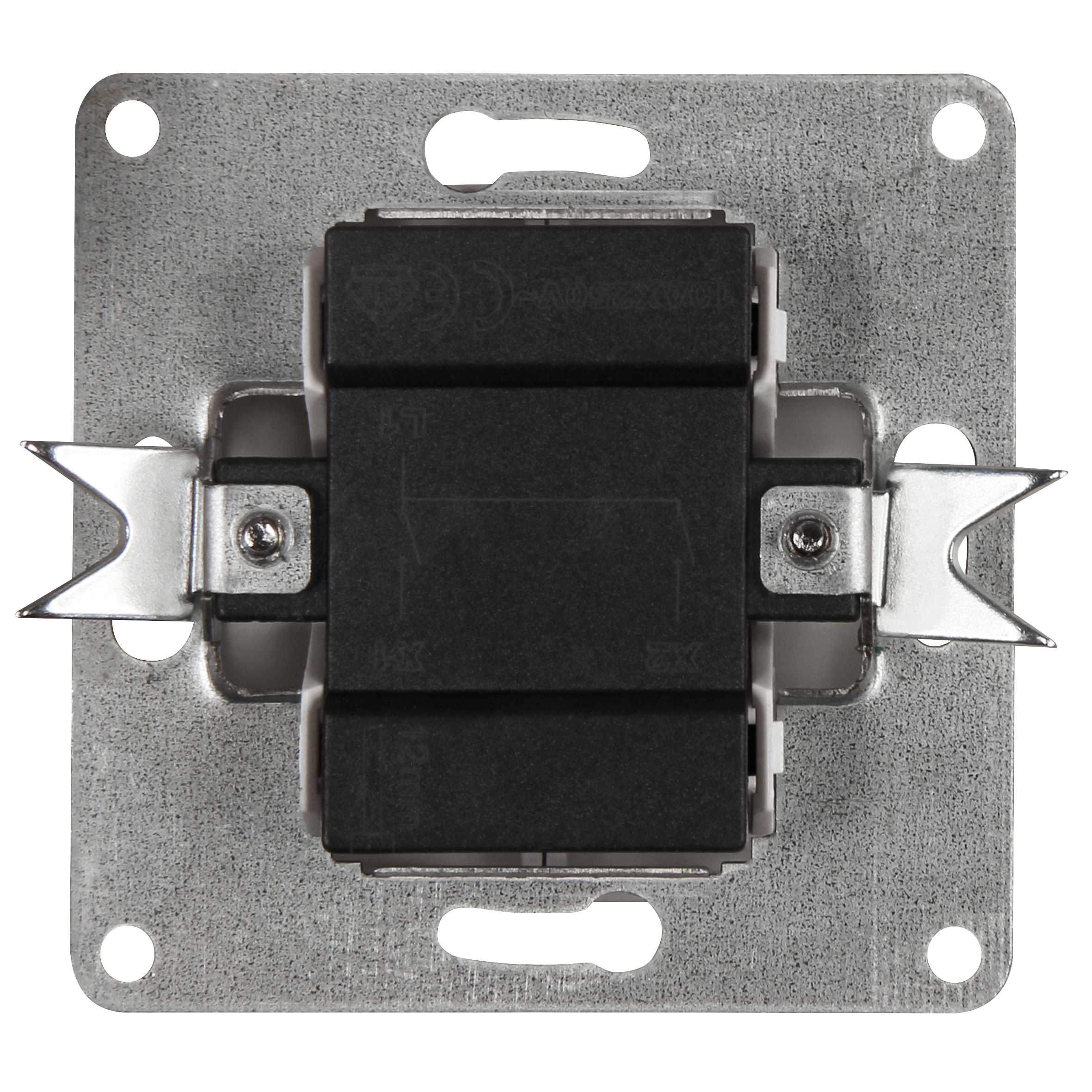 Schwarzer elektrischer Schalter, Vorderansicht, mit Metallhalterung und vier Löchern.