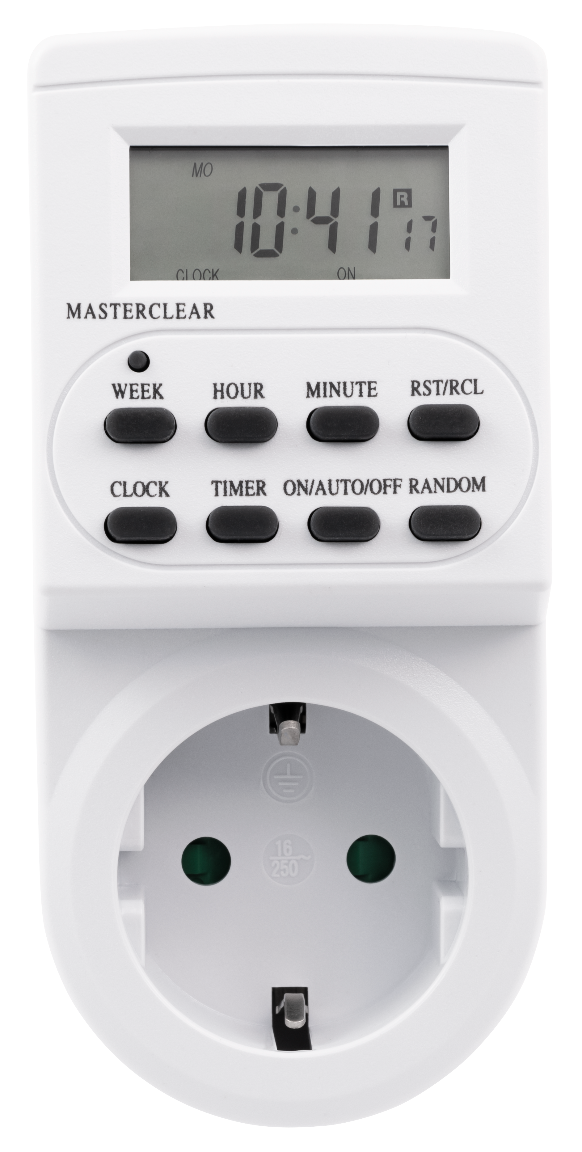 Ein weißer digitaler Timer mit Knöpfen und einer Steckdose, zeigt die Zeit: 10:41. Schwarzer Hintergrund.