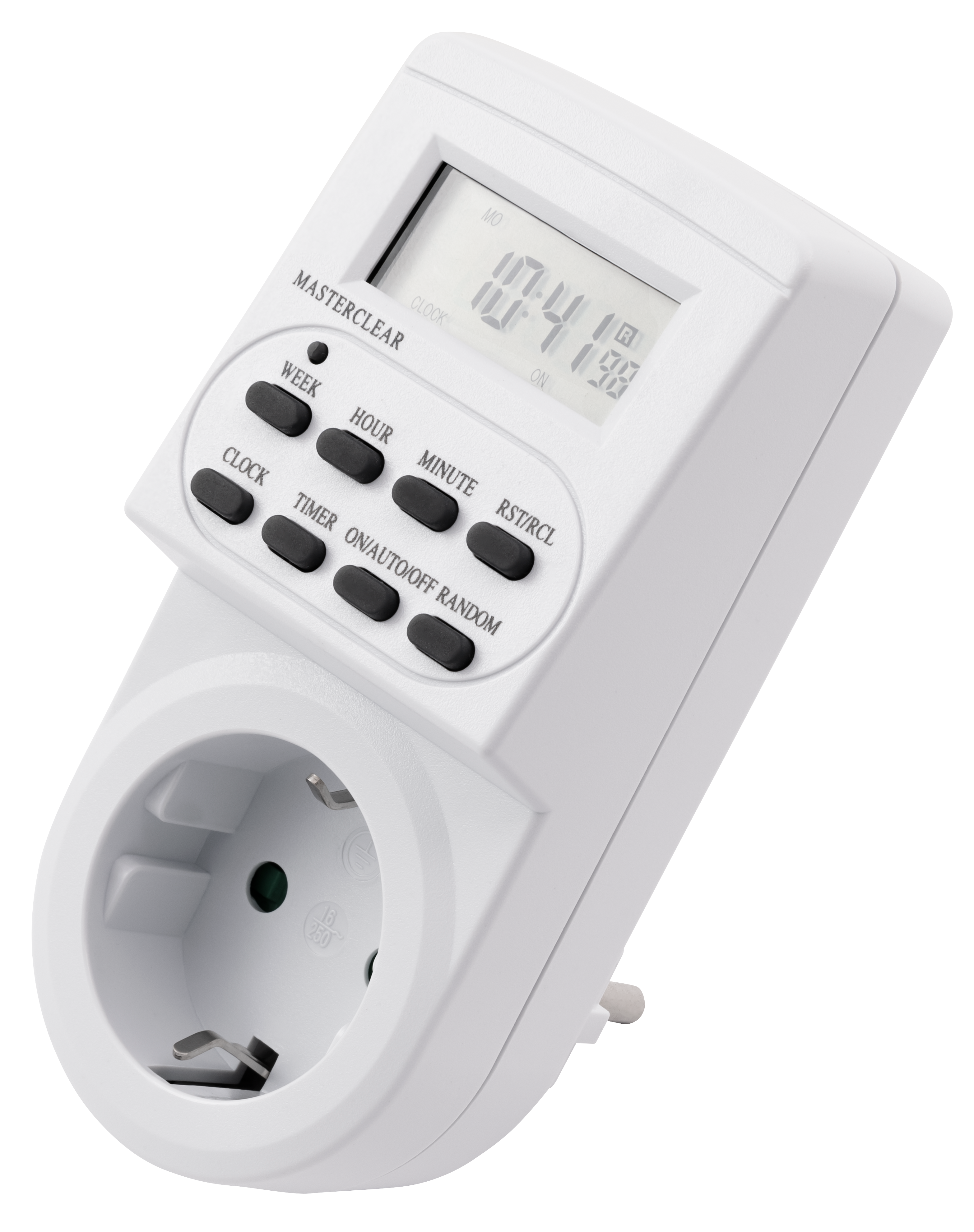 Ein weißer digitaler Timer mit Stecker und Steckdose, mit Tasten für Einstellungen.